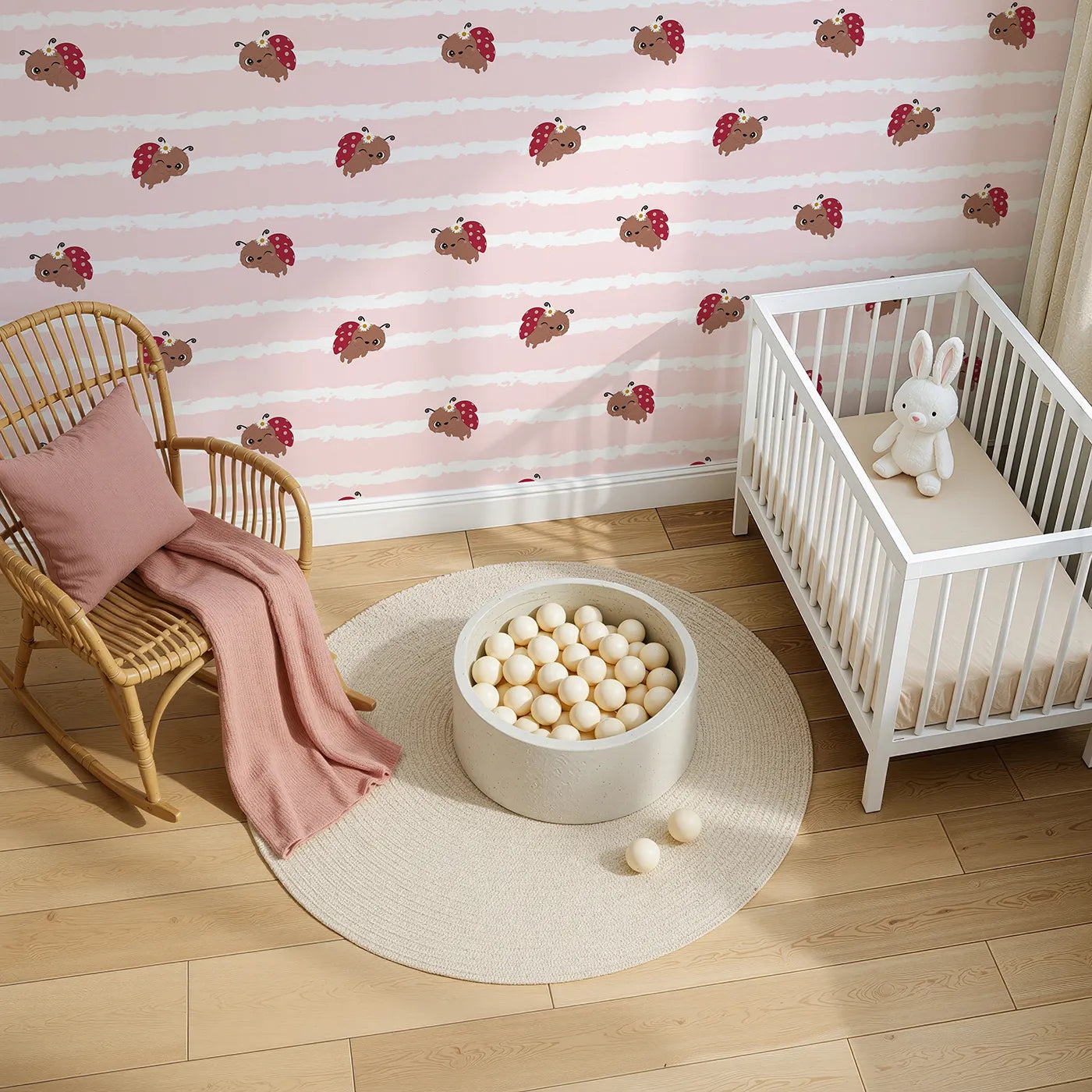 Top-Down view of Whimsy Tots' Winkie the Ladybug Wallpaper in Pink (W3002A).Winking ladybugs bring giggles and charm to their space.