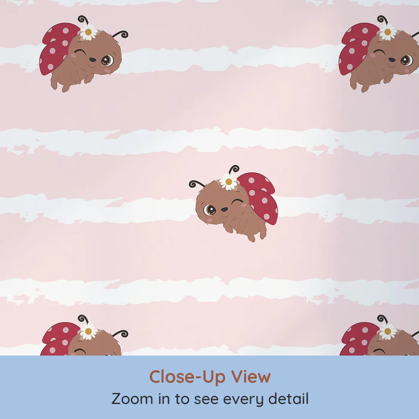 Close-up view of Whimsy Tots' Winkie the Ladybug Wallpaper in Pink (W3002A).Winking ladybugs bring giggles and charm to their space.
