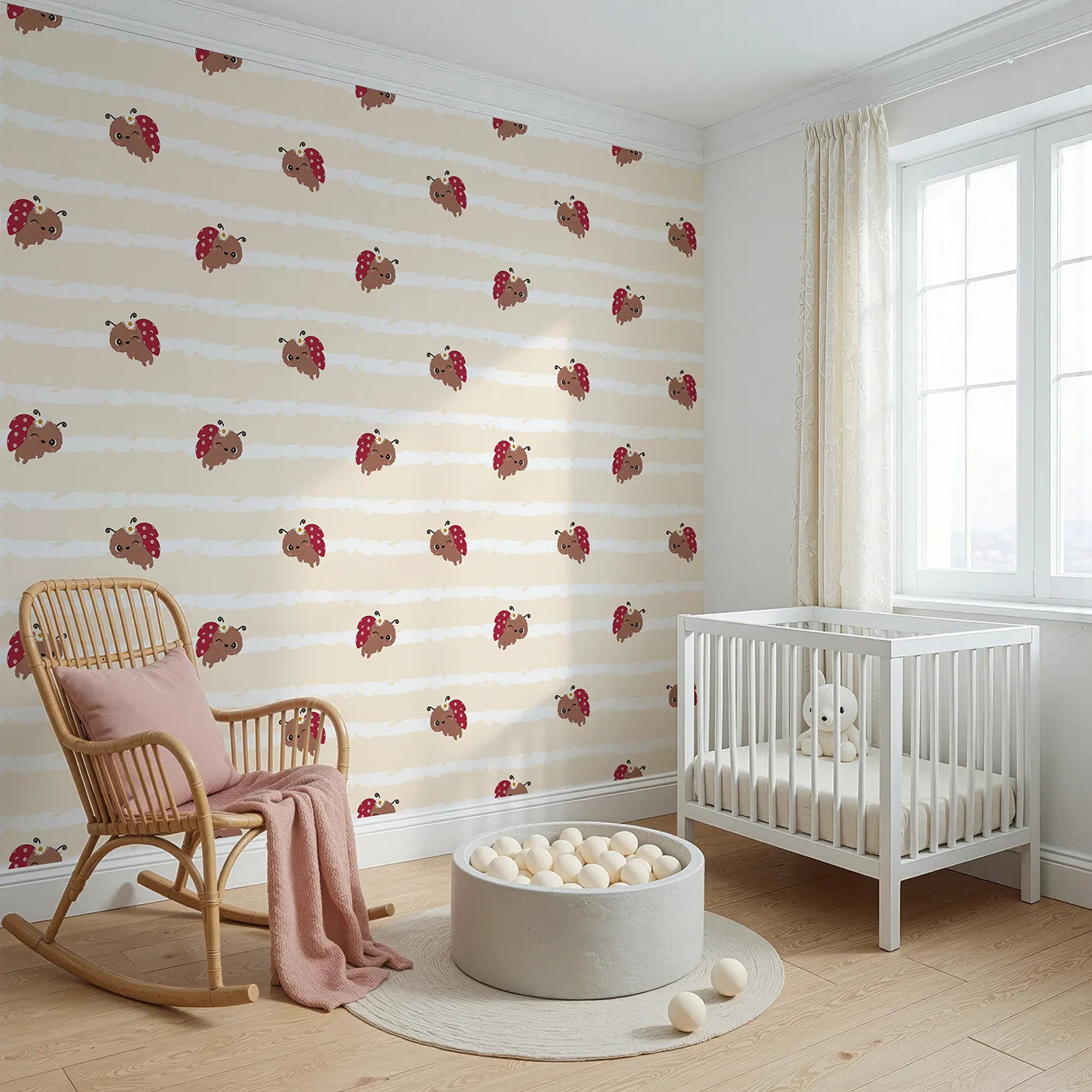Angled view of Whimsy Tots' Winkie the Ladybug Wallpaper in Beige (W3002B).Winking ladybugs bring giggles and charm to their space.