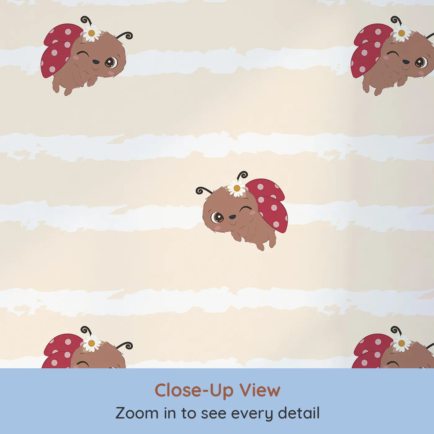 Close-up view of Whimsy Tots' Winkie the Ladybug Wallpaper in Beige (W3002B).Winking ladybugs bring giggles and charm to their space.