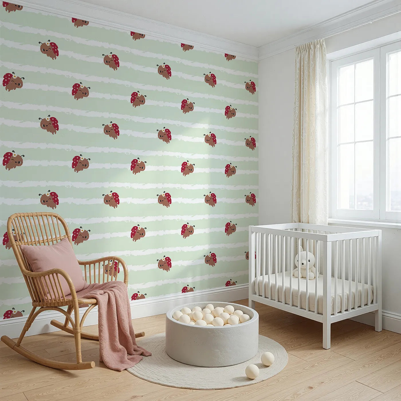 Angled view of Whimsy Tots' Winkie the Ladybug Wallpaper in Green (W3002C).Winking ladybugs bring giggles and charm to their space.
