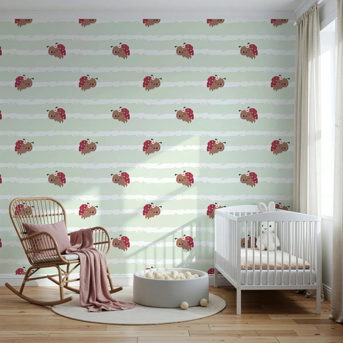 Front view of Whimsy Tots' Winkie the Ladybug Wallpaper in Green