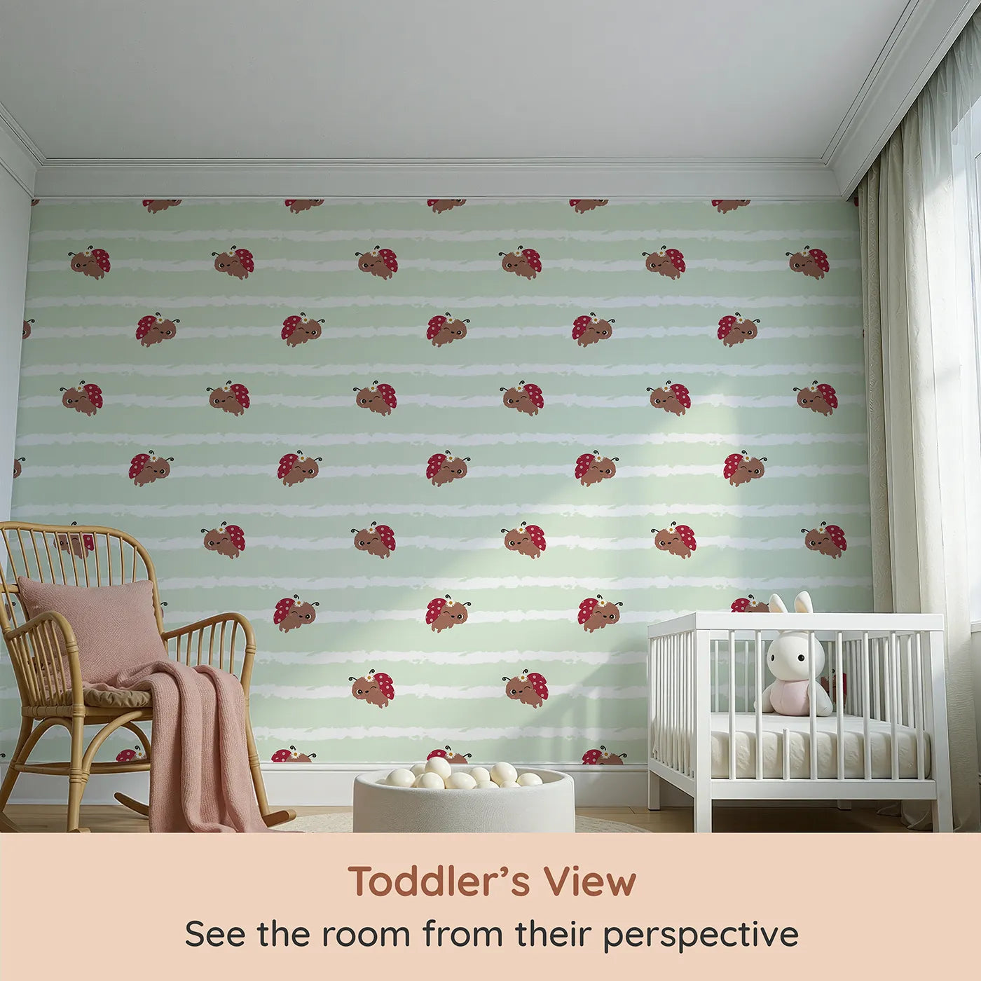 Whimsy Tots Winkie the Ladybug Wallpaper in Green (W3002C) from your child's view.Winking ladybugs bring giggles and charm to their space.