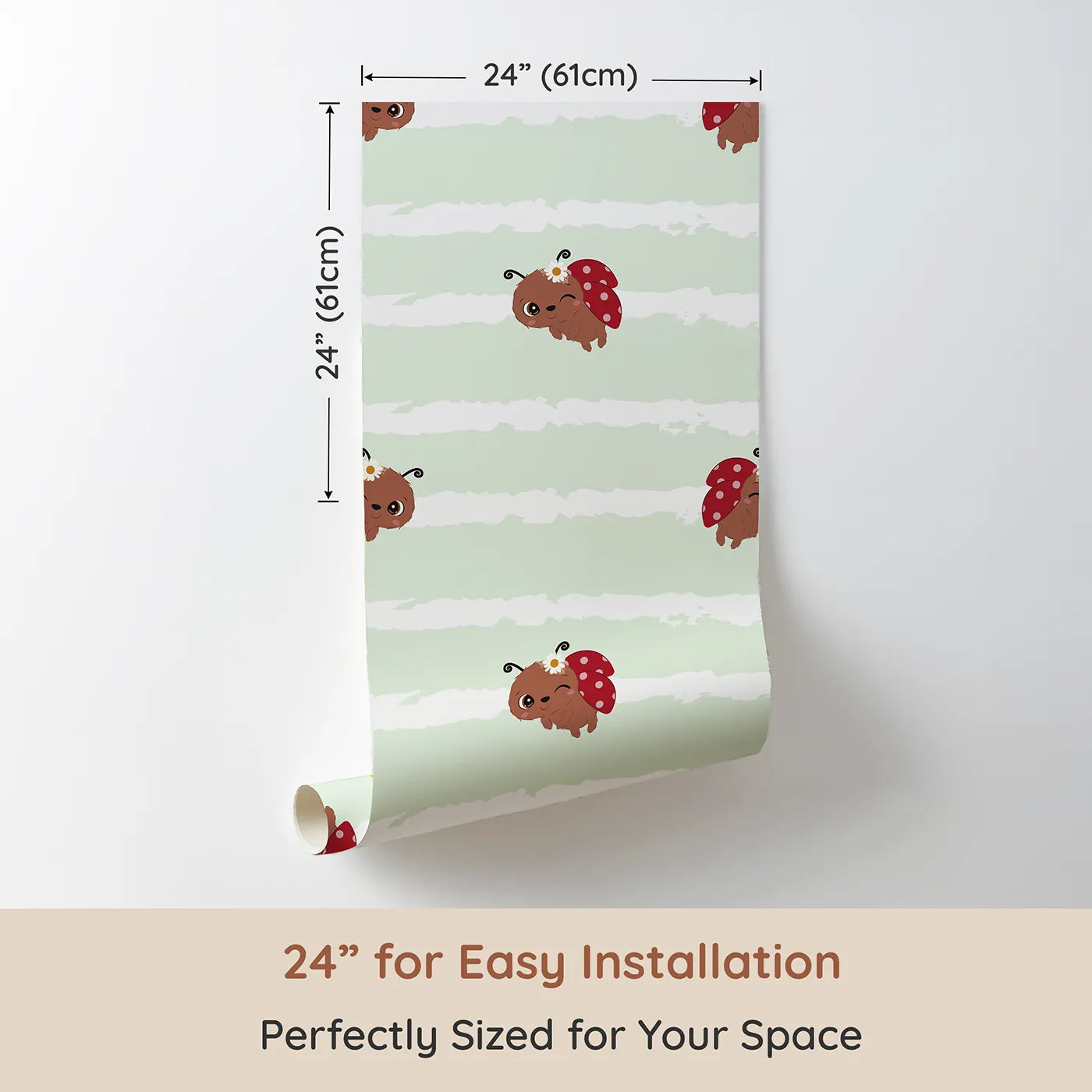 Dimension view of Whimsy Tots Winkie the Ladybug Wallpaper in Green (W3002C). Printed in 24-inch-wide panel for easy installation. Winking ladybugs bring giggles and charm to their space.