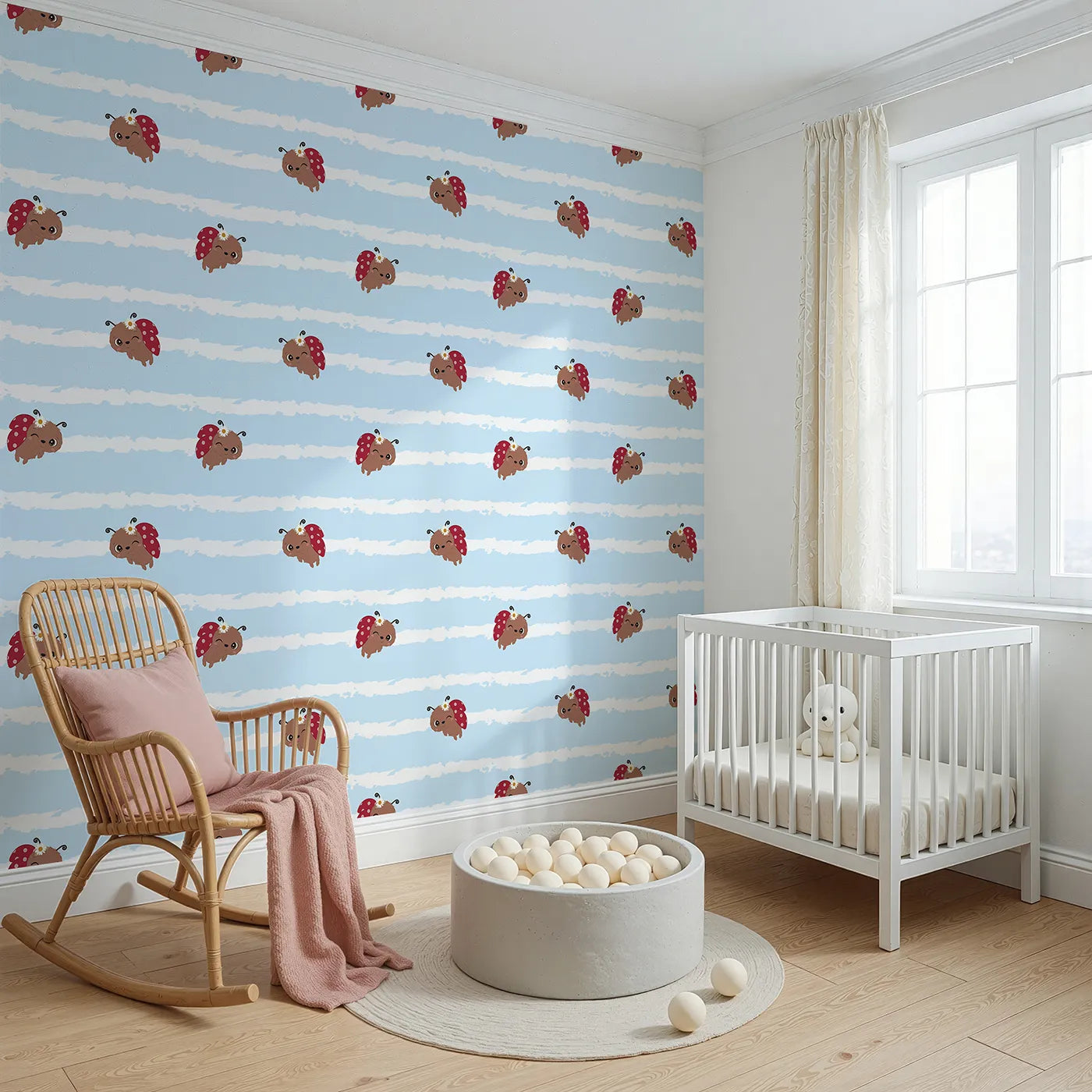 Angled view of Whimsy Tots' Winkie the Ladybug Wallpaper in Blue (W3002D).Winking ladybugs bring giggles and charm to their space.