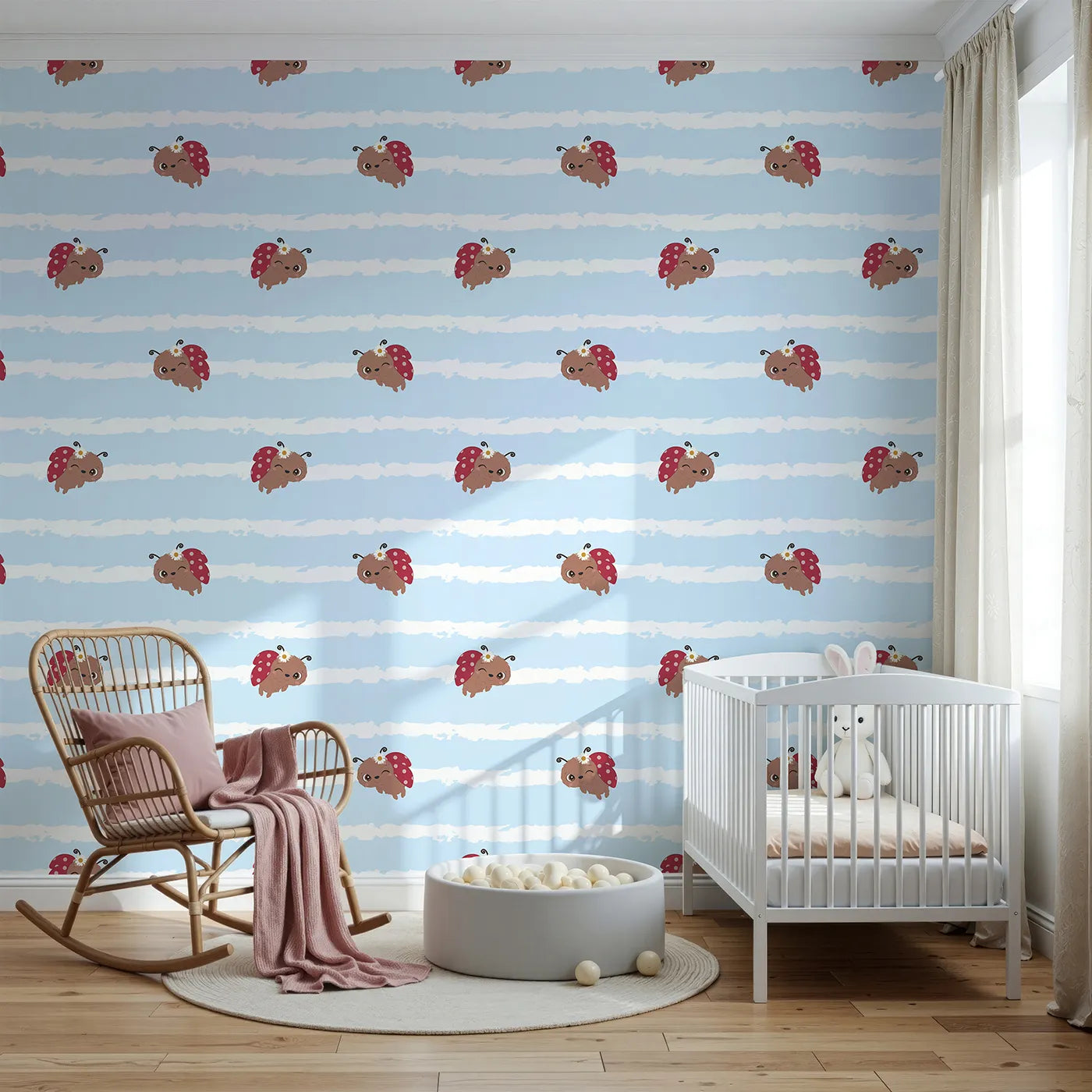 Front view of Whimsy Tots' Winkie the Ladybug Wallpaper in Blue