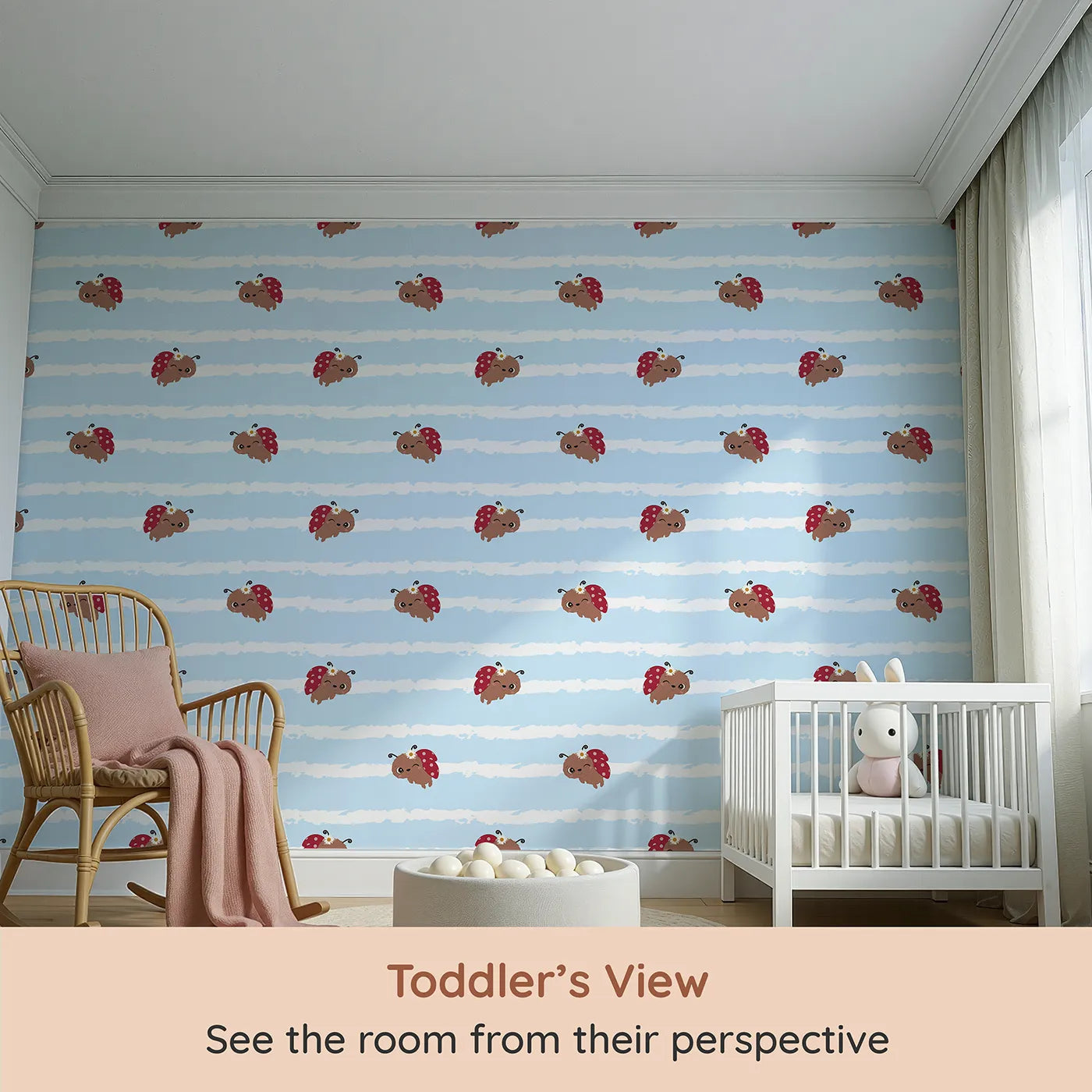Whimsy Tots Winkie the Ladybug Wallpaper in Blue (W3002D) from your child's view.Winking ladybugs bring giggles and charm to their space.