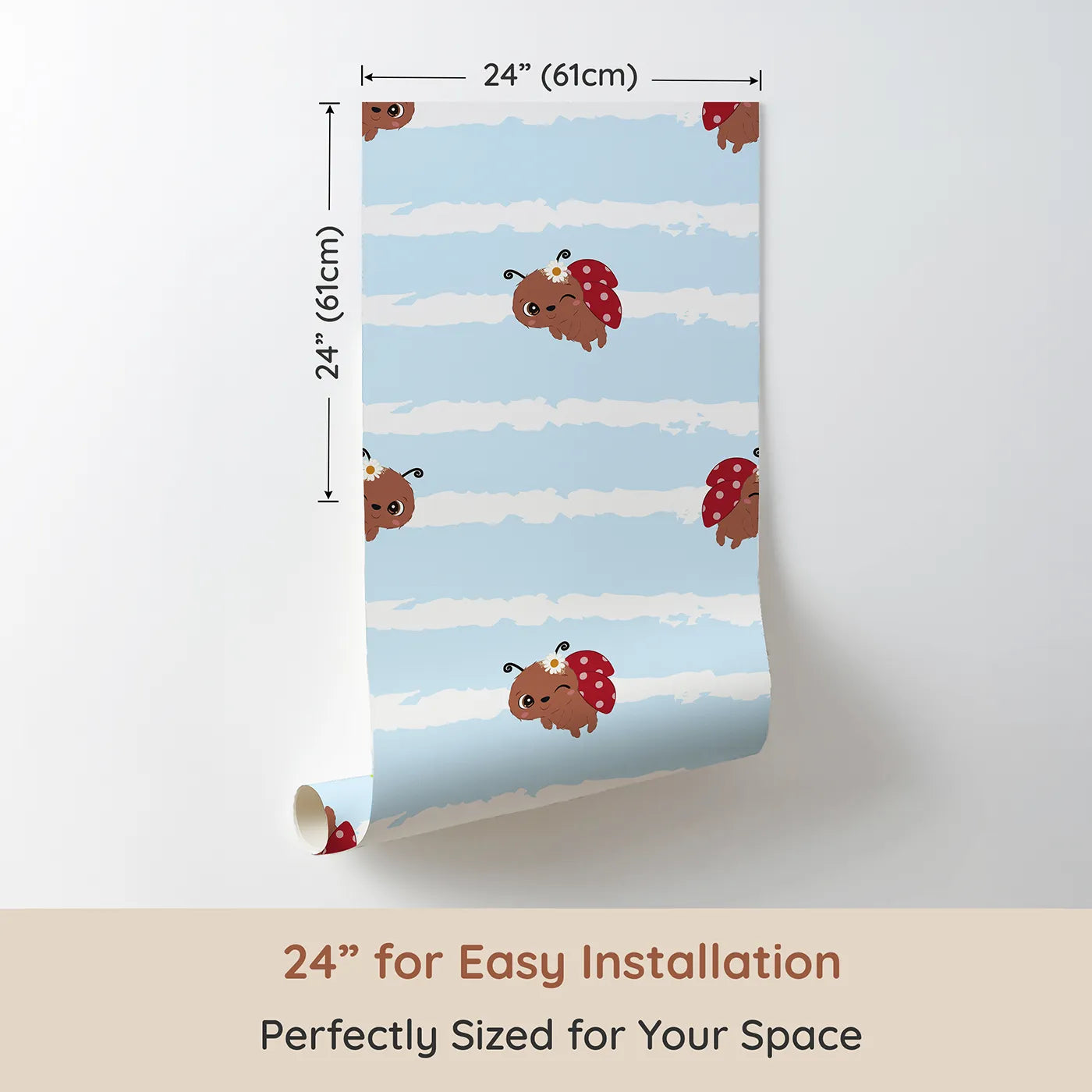 Dimension view of Whimsy Tots Winkie the Ladybug Wallpaper in Blue (W3002D). Printed in 24-inch-wide panel for easy installation. Winking ladybugs bring giggles and charm to their space.