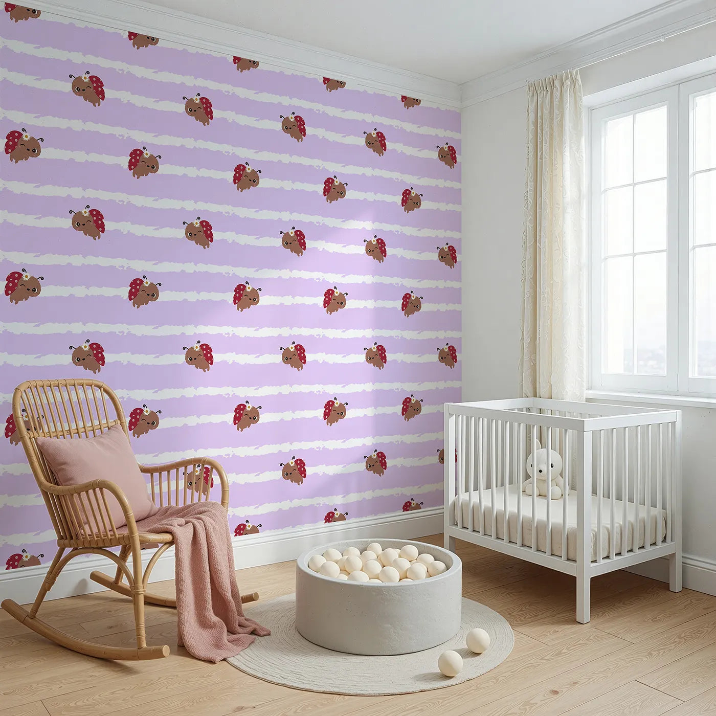 Angled view of Whimsy Tots' Winkie the Ladybug Wallpaper in Purple (W3002E).Winking ladybugs bring giggles and charm to their space.