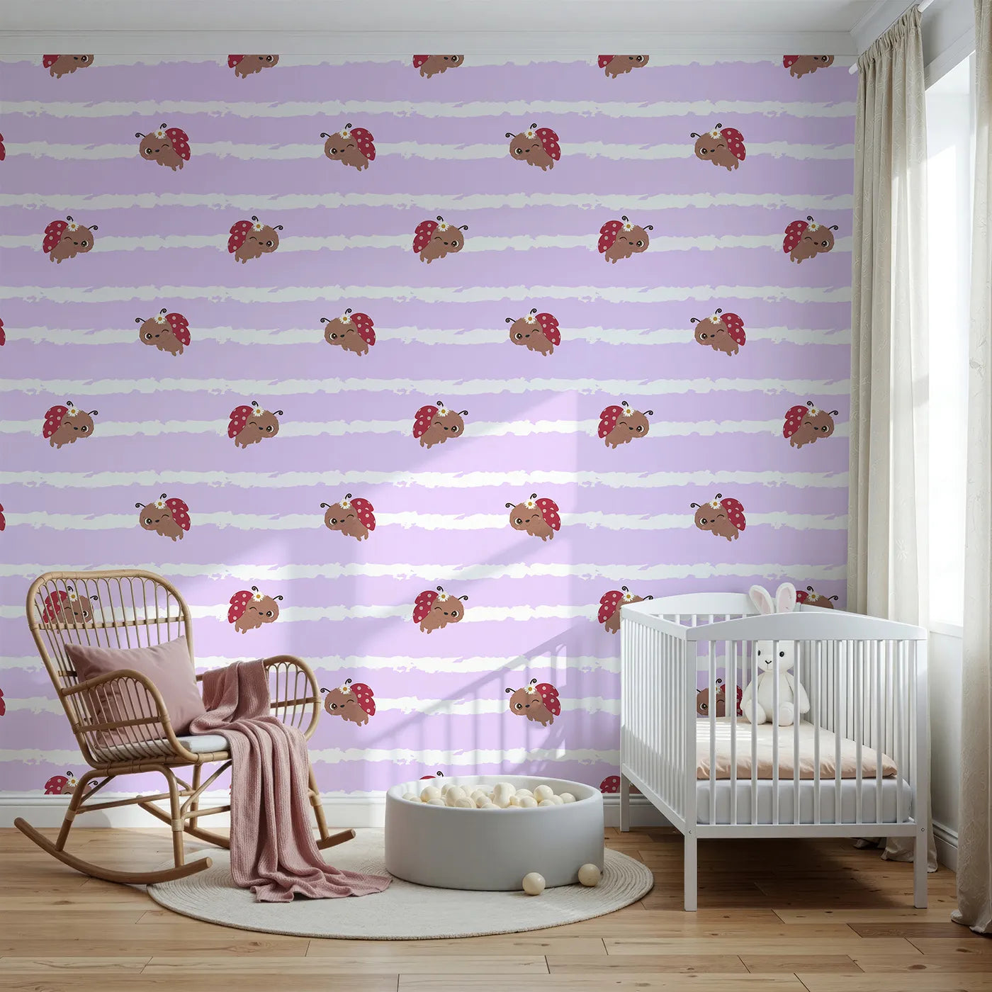 Front view of Whimsy Tots' Winkie the Ladybug Wallpaper in Purple