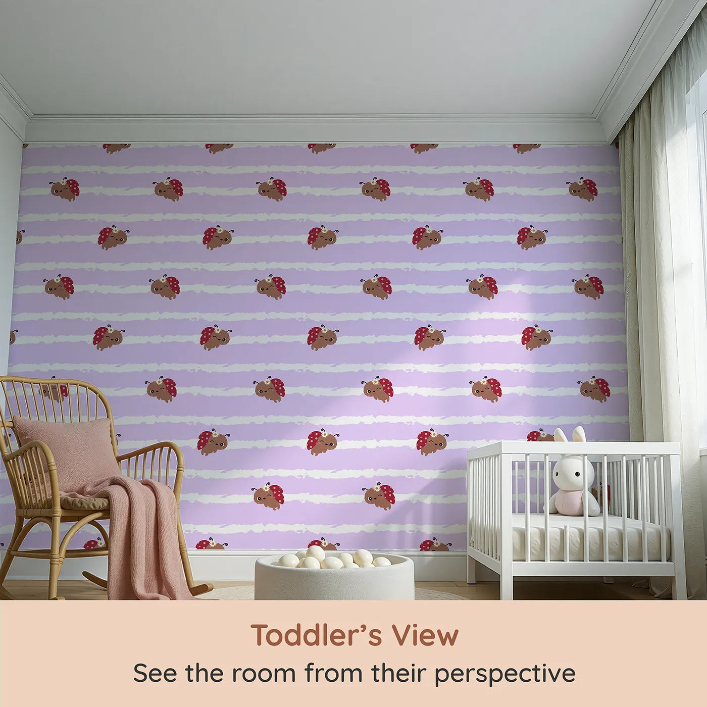 Whimsy Tots Winkie the Ladybug Wallpaper in Purple (W3002E) from your child's view.Winking ladybugs bring giggles and charm to their space.