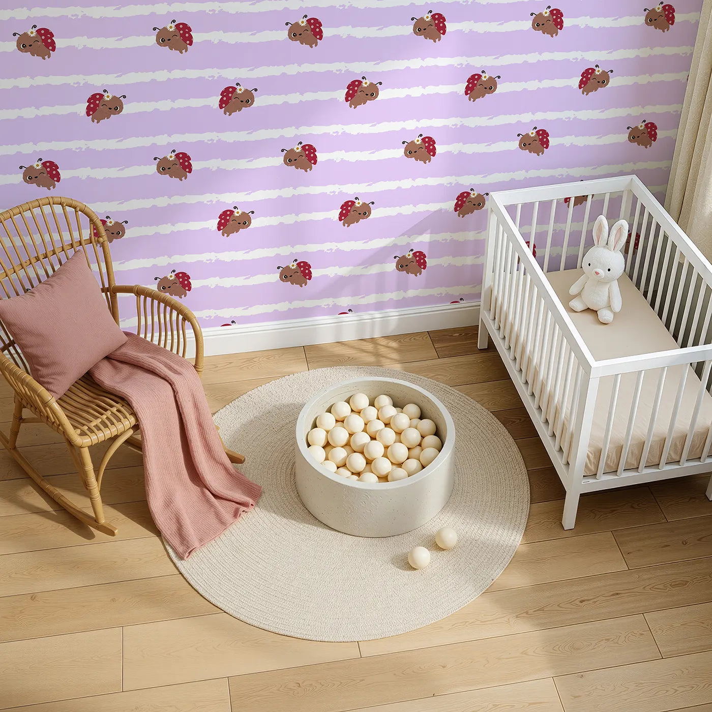 Top-Down view of Whimsy Tots' Winkie the Ladybug Wallpaper in Purple (W3002E).Winking ladybugs bring giggles and charm to their space.