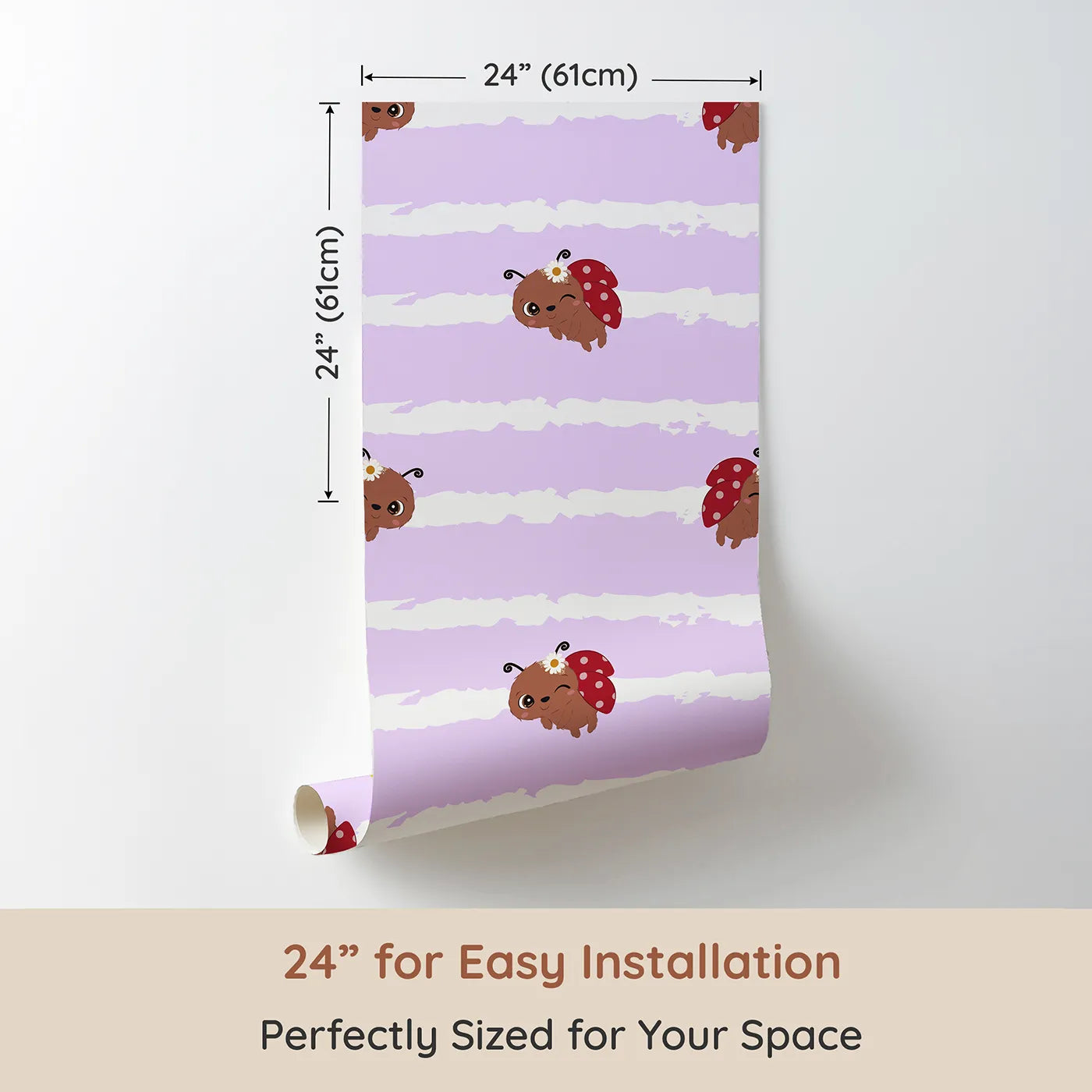 Dimension view of Whimsy Tots Winkie the Ladybug Wallpaper in Purple (W3002E). Printed in 24-inch-wide panel for easy installation. Winking ladybugs bring giggles and charm to their space.