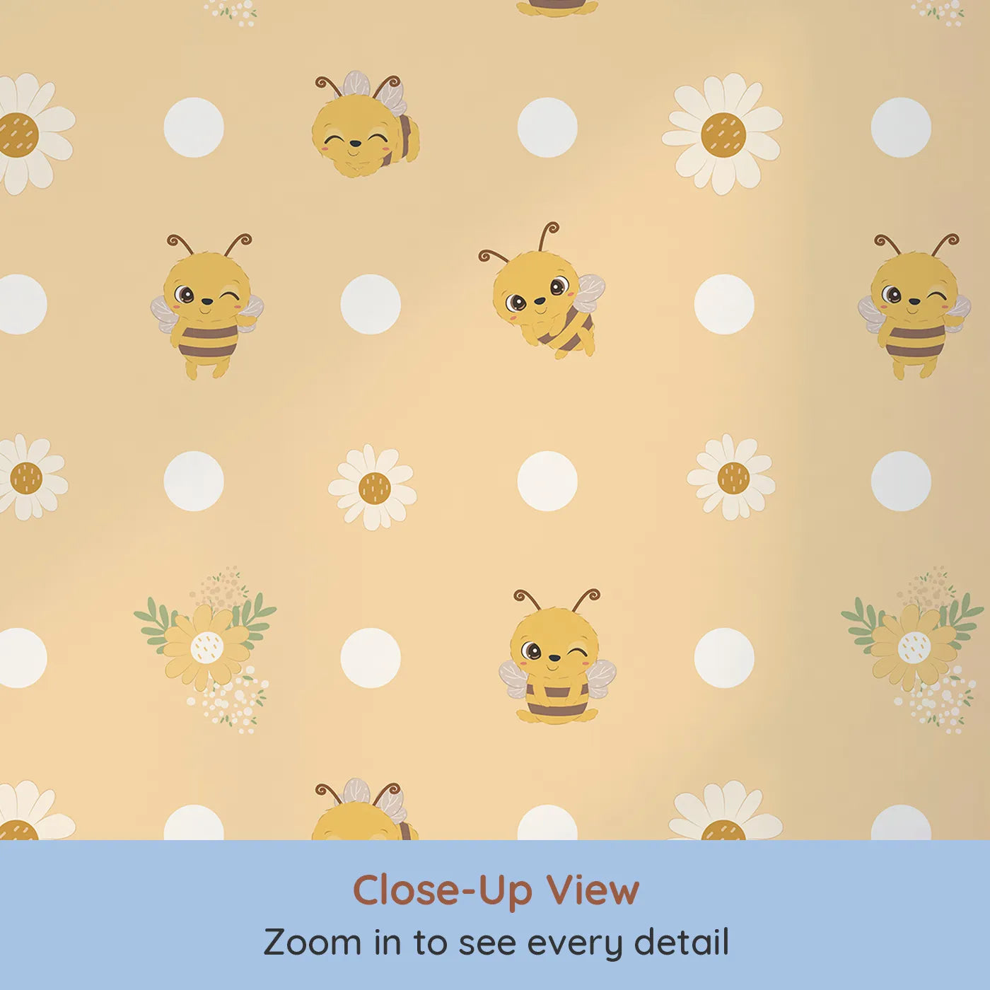Close-up view of Whimsy Tots' Buzzberry Bee Parade Wallpaper in Yellow (W3004A).Playful bees and sweet daisies buzz with cheerful fun.