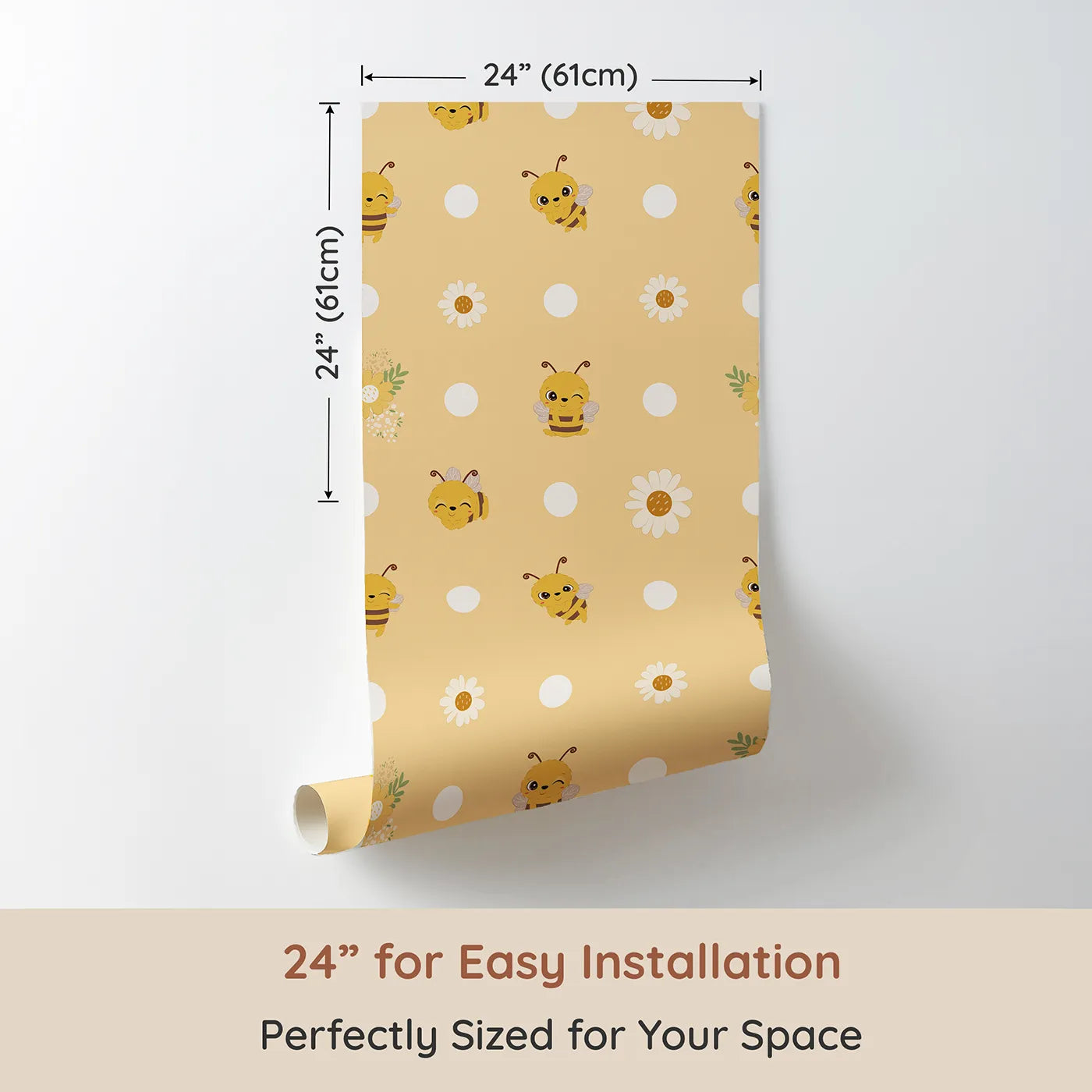 Dimension view of Whimsy Tots Buzzberry Bee Parade Wallpaper in Yellow (W3004A). Printed in 24-inch-wide panel for easy installation. Playful bees and sweet daisies buzz with cheerful fun.