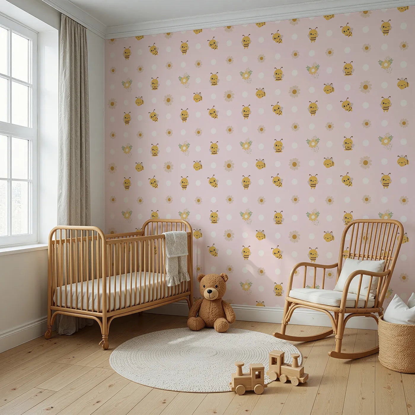 Angled view of Whimsy Tots' Buzzberry Bee Parade Wallpaper in Pink (W3004B).Playful bees and sweet daisies buzz with cheerful fun.
