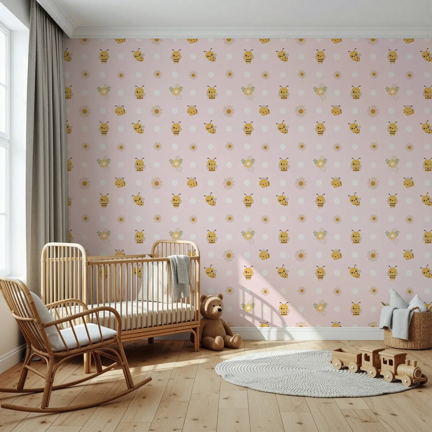 Front view of Whimsy Tots' Buzzberry Bee Parade Wallpaper in Pink
