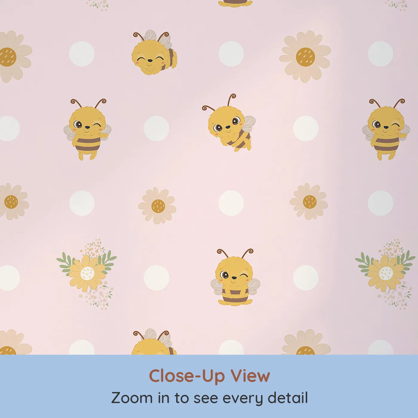 Close-up view of Whimsy Tots' Buzzberry Bee Parade Wallpaper in Pink (W3004B).Playful bees and sweet daisies buzz with cheerful fun.