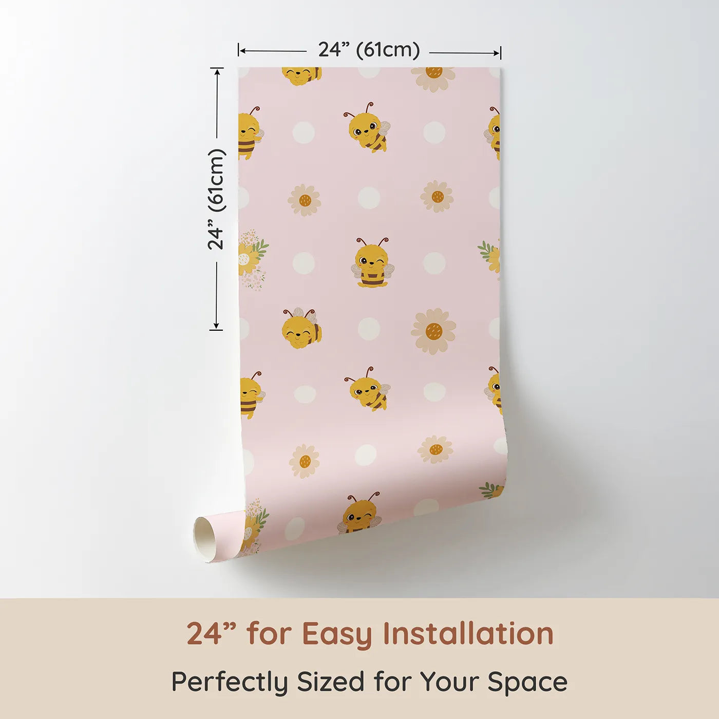 Dimension view of Whimsy Tots Buzzberry Bee Parade Wallpaper in Pink (W3004B). Printed in 24-inch-wide panel for easy installation. Playful bees and sweet daisies buzz with cheerful fun.