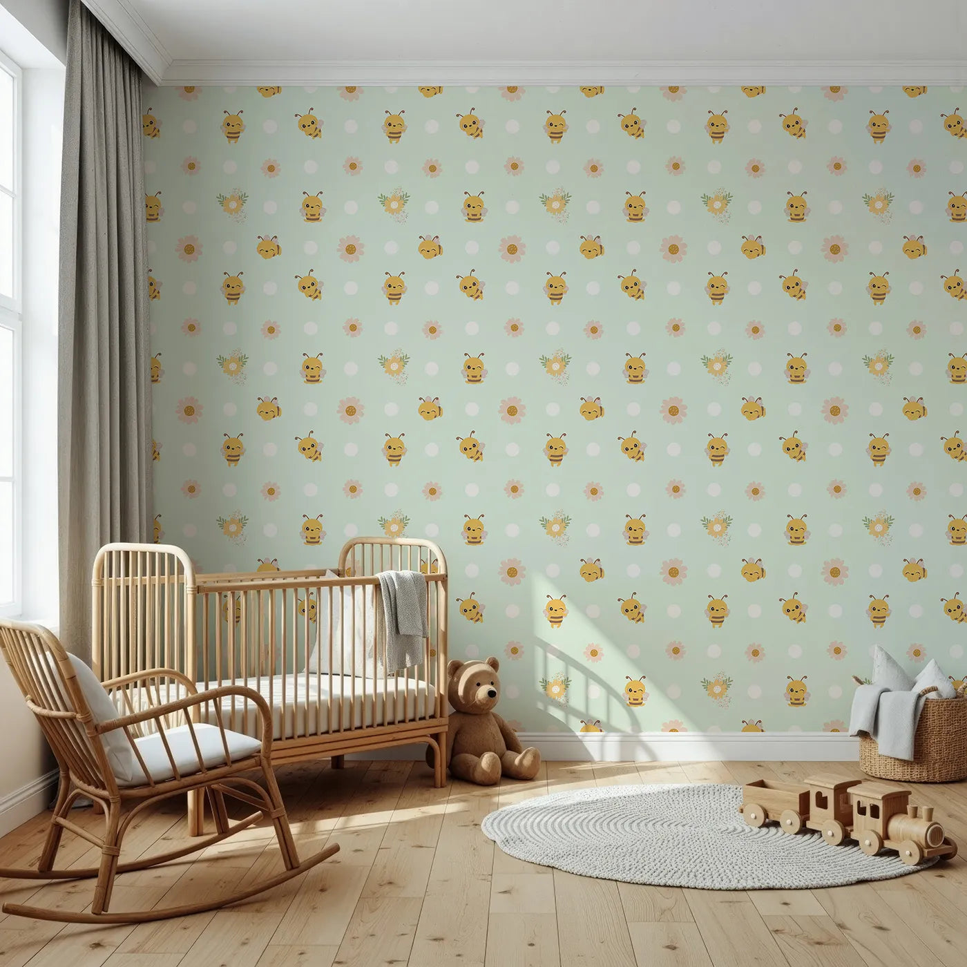 Front view of Whimsy Tots' Buzzberry Bee Parade Wallpaper in Green