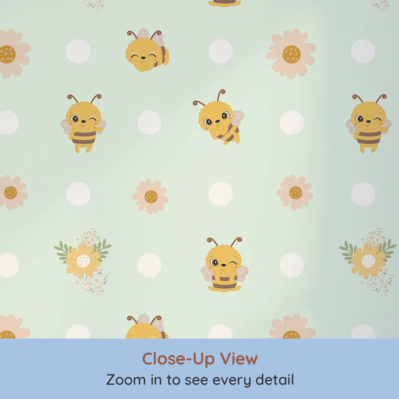 Close-up view of Whimsy Tots' Buzzberry Bee Parade Wallpaper in Green (W3004C).Playful bees and sweet daisies buzz with cheerful fun.