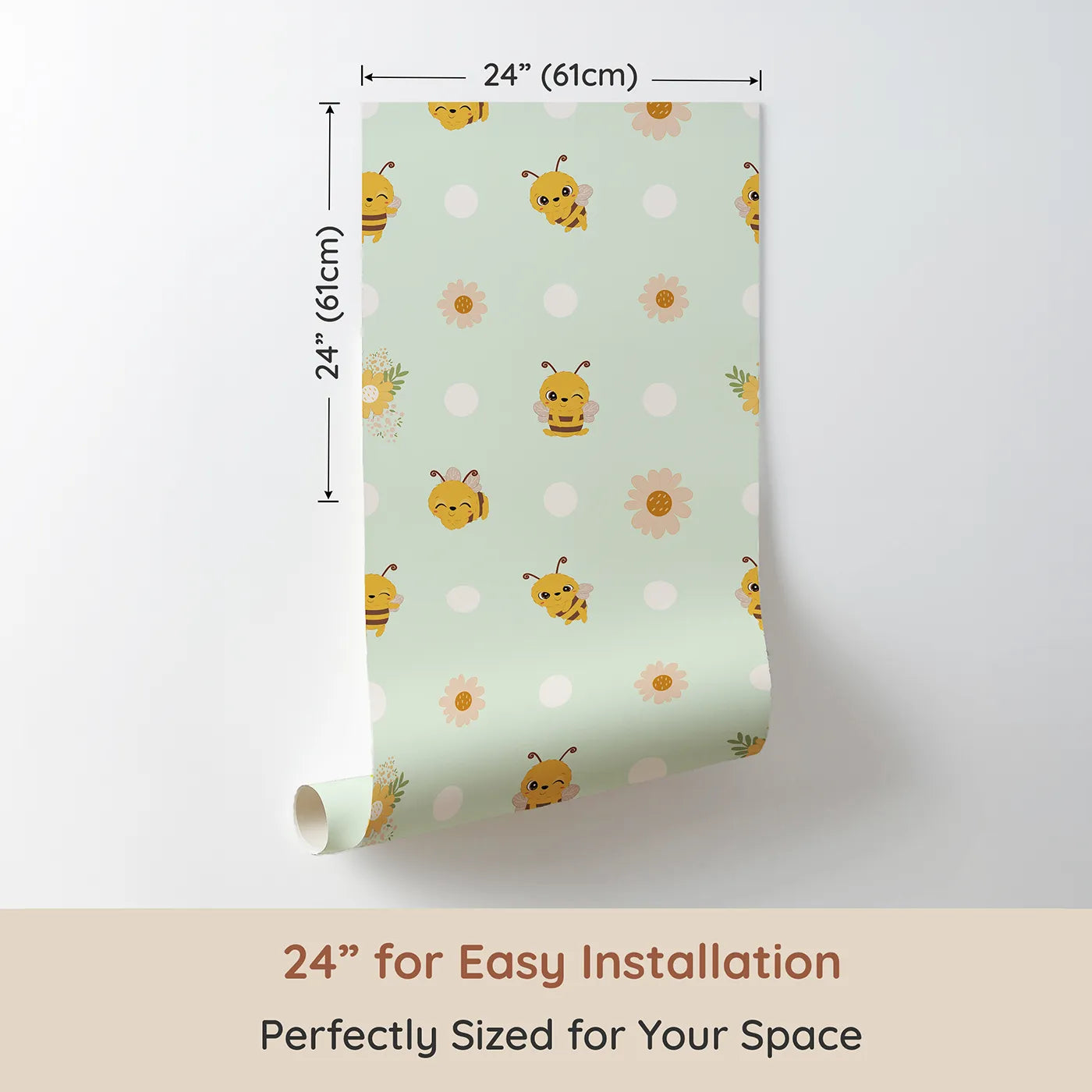 Dimension view of Whimsy Tots Buzzberry Bee Parade Wallpaper in Green (W3004C). Printed in 24-inch-wide panel for easy installation. Playful bees and sweet daisies buzz with cheerful fun.
