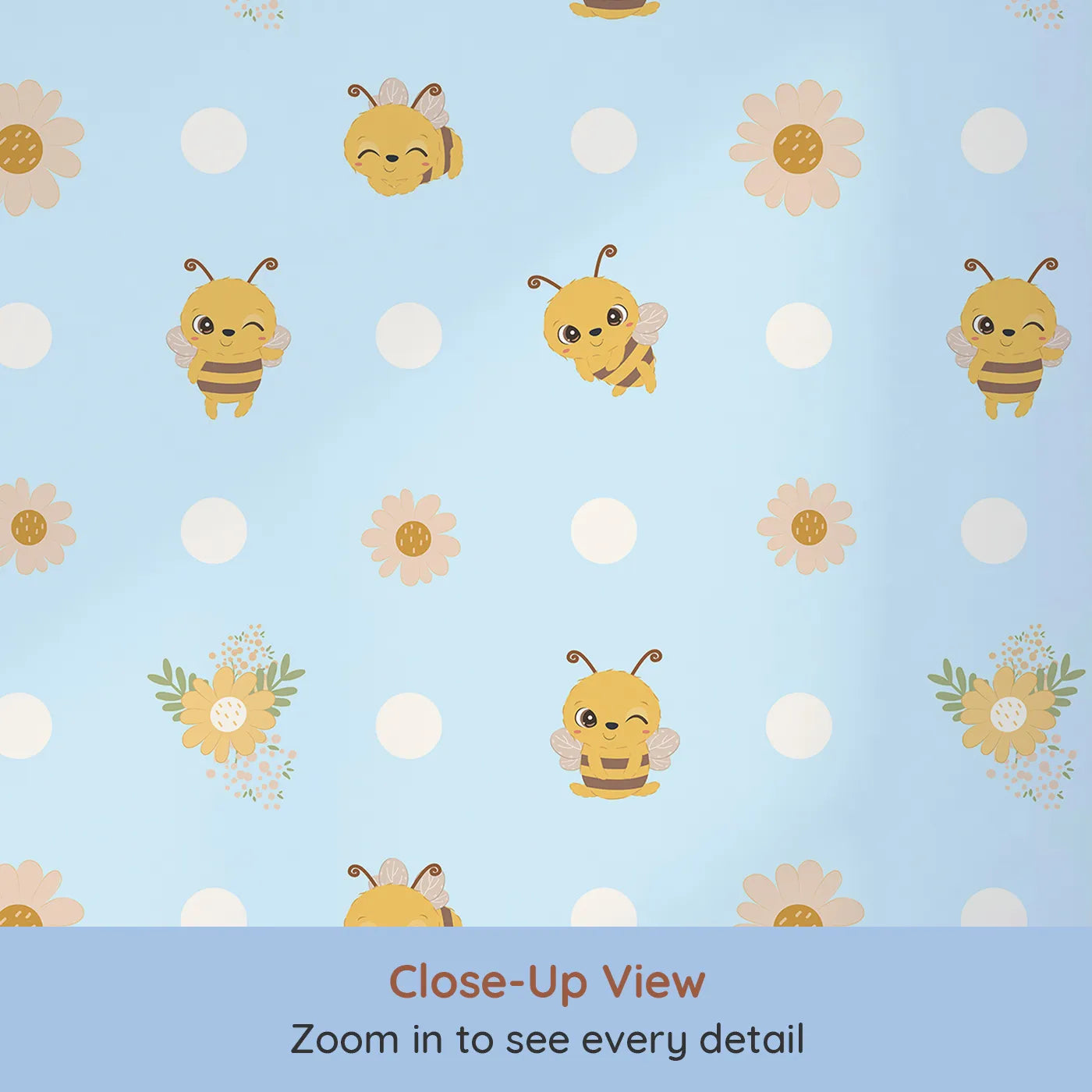 Close-up view of Whimsy Tots' Buzzberry Bee Parade Wallpaper in Blue (W3004D).Playful bees and sweet daisies buzz with cheerful fun.
