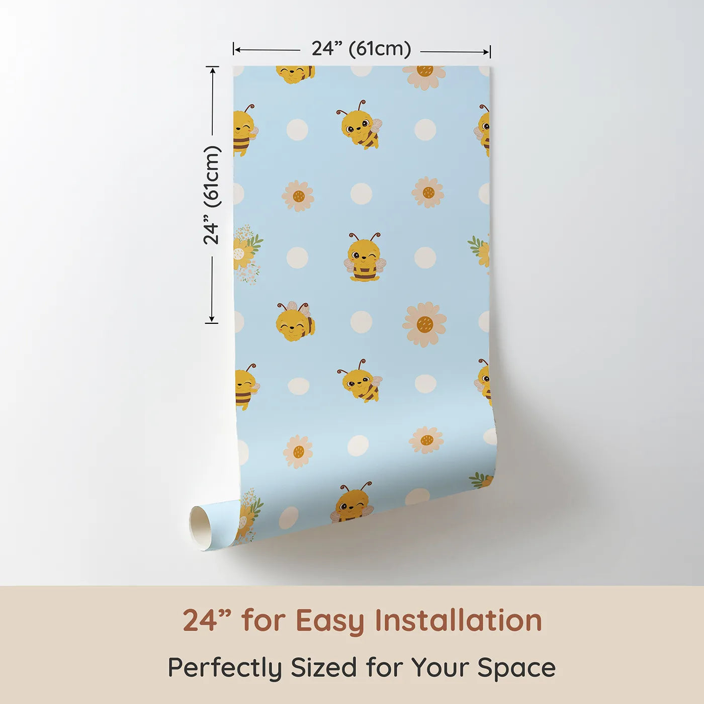 Dimension view of Whimsy Tots Buzzberry Bee Parade Wallpaper in Blue (W3004D). Printed in 24-inch-wide panel for easy installation. Playful bees and sweet daisies buzz with cheerful fun.