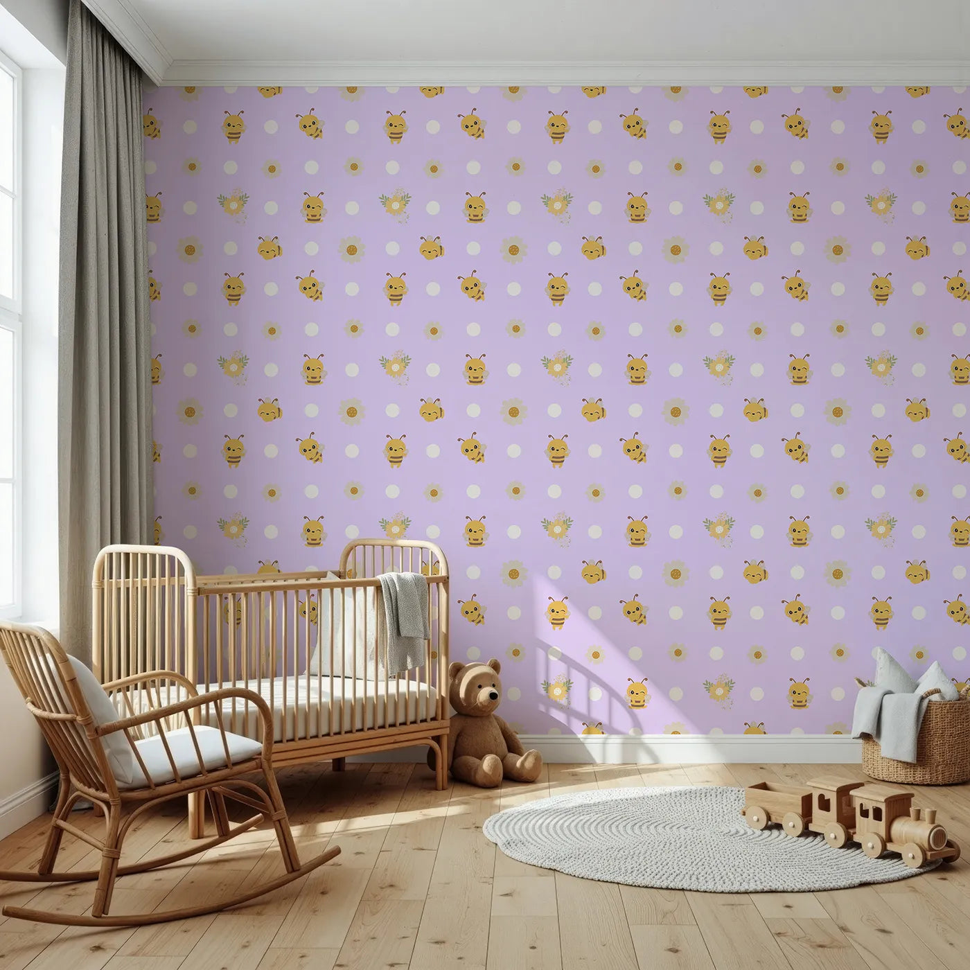 Front view of Whimsy Tots' Buzzberry Bee Parade Wallpaper in Purple