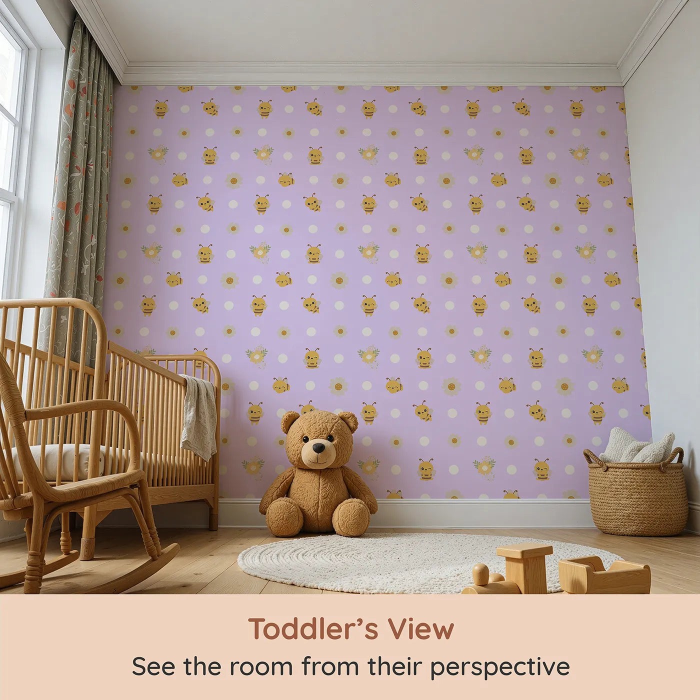 Whimsy Tots Buzzberry Bee Parade Wallpaper in Purple (W3004E) from your child's view.Playful bees and sweet daisies buzz with cheerful fun.