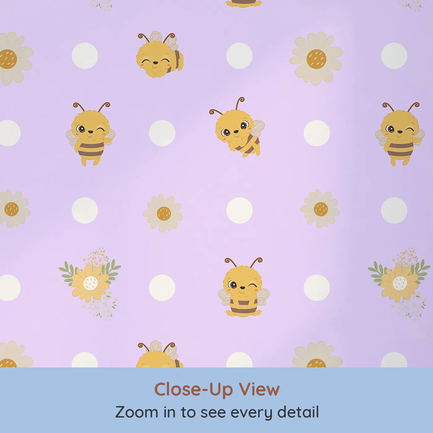 Close-up view of Whimsy Tots' Buzzberry Bee Parade Wallpaper in Purple (W3004E).Playful bees and sweet daisies buzz with cheerful fun.