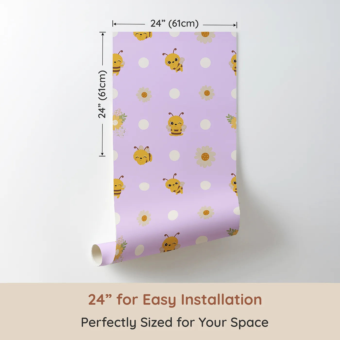 Dimension view of Whimsy Tots Buzzberry Bee Parade Wallpaper in Purple (W3004E). Printed in 24-inch-wide panel for easy installation. Playful bees and sweet daisies buzz with cheerful fun.