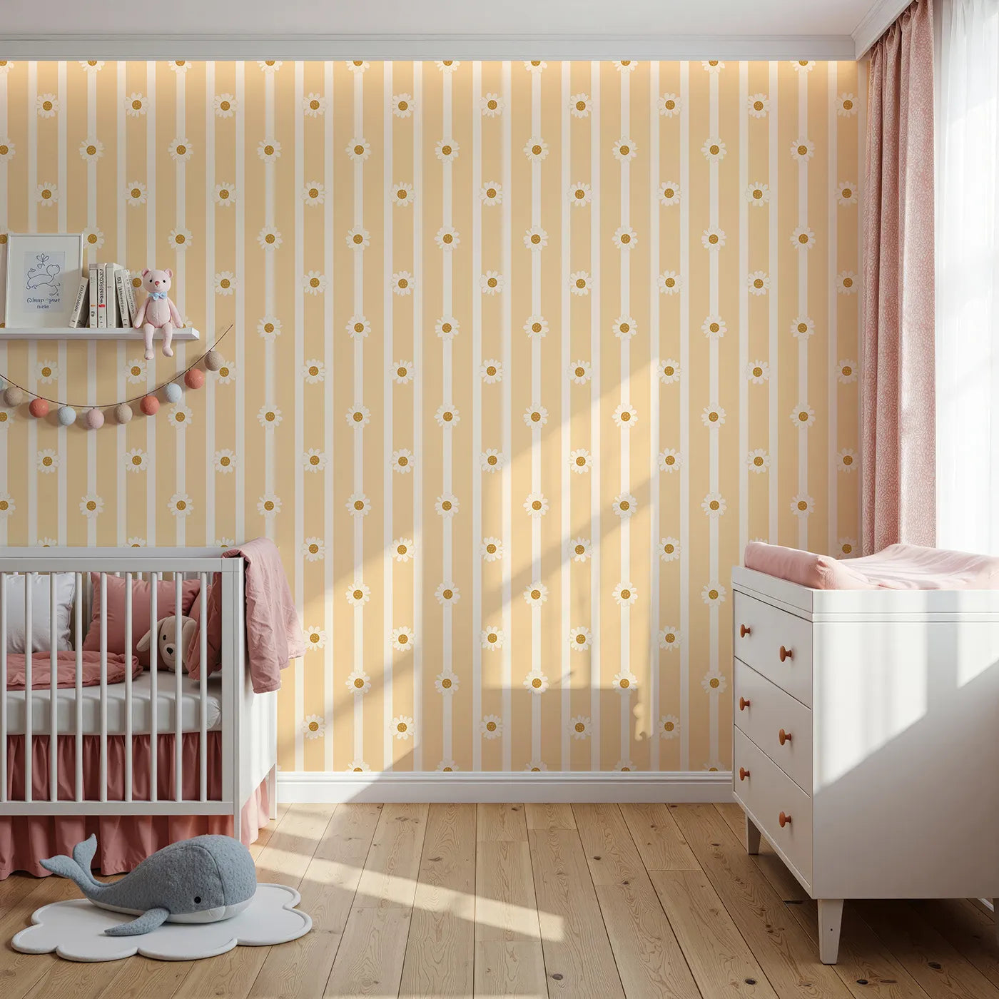 Front view of Whimsy Tots' Daisy Lane Stripe Wallpaper in Yellow