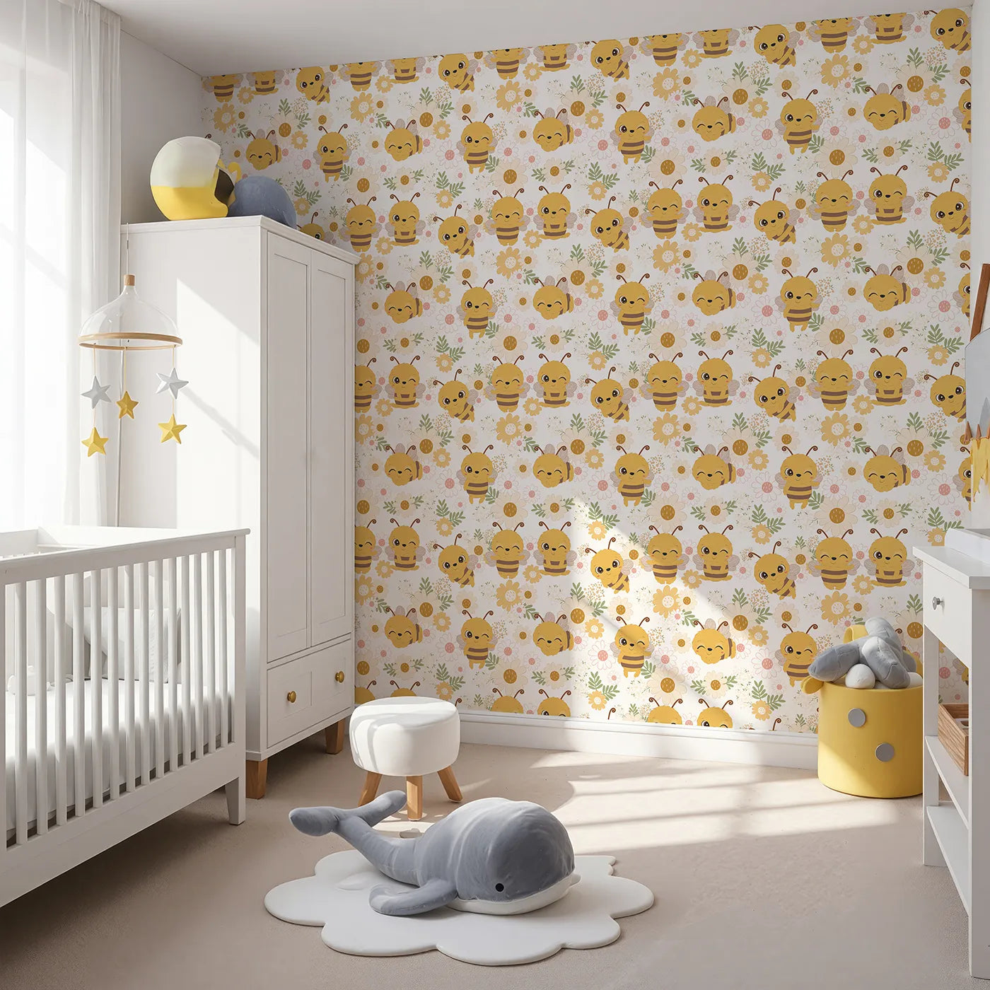 Angled view of Whimsy Tots' Bee Garden Blooms Wallpaper in Yellow (W3006A).Playful bees flutter through blooming fields.
