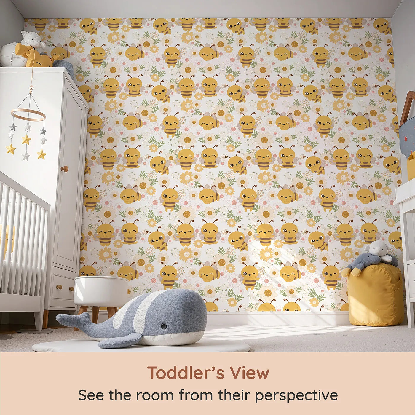 Whimsy Tots Bee Garden Blooms Wallpaper in Yellow (W3006A) from your child's view.Playful bees flutter through blooming fields.