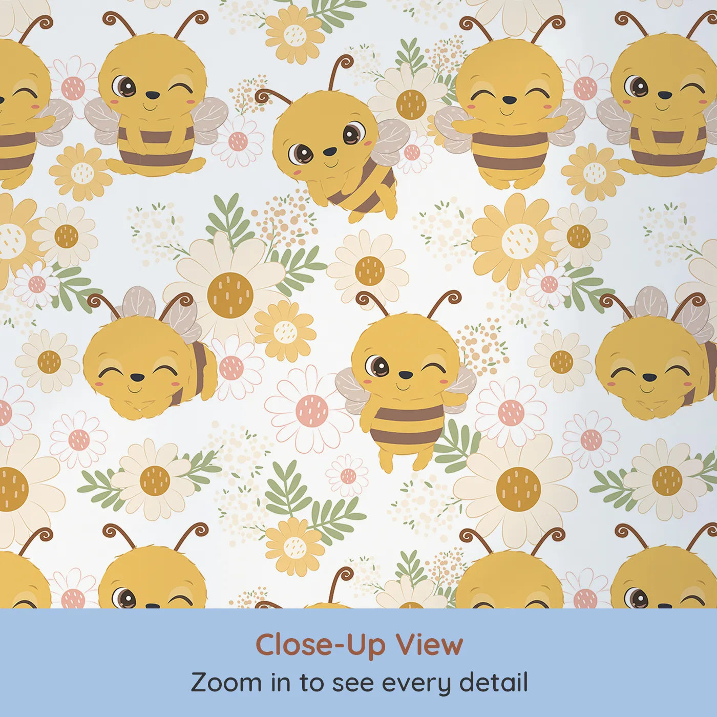 Close-up view of Whimsy Tots' Bee Garden Blooms Wallpaper in Yellow (W3006A).Playful bees flutter through blooming fields.