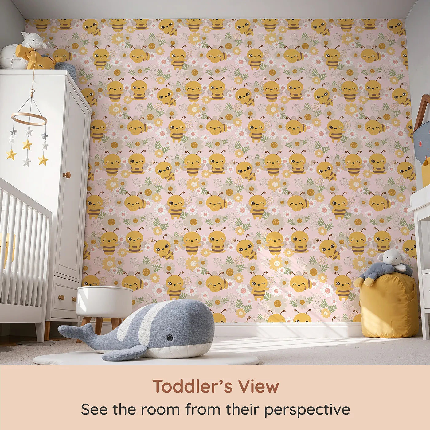 Whimsy Tots Bee Garden Blooms Wallpaper in Pink (W3006B) from your child's view.Playful bees flutter through blooming fields.