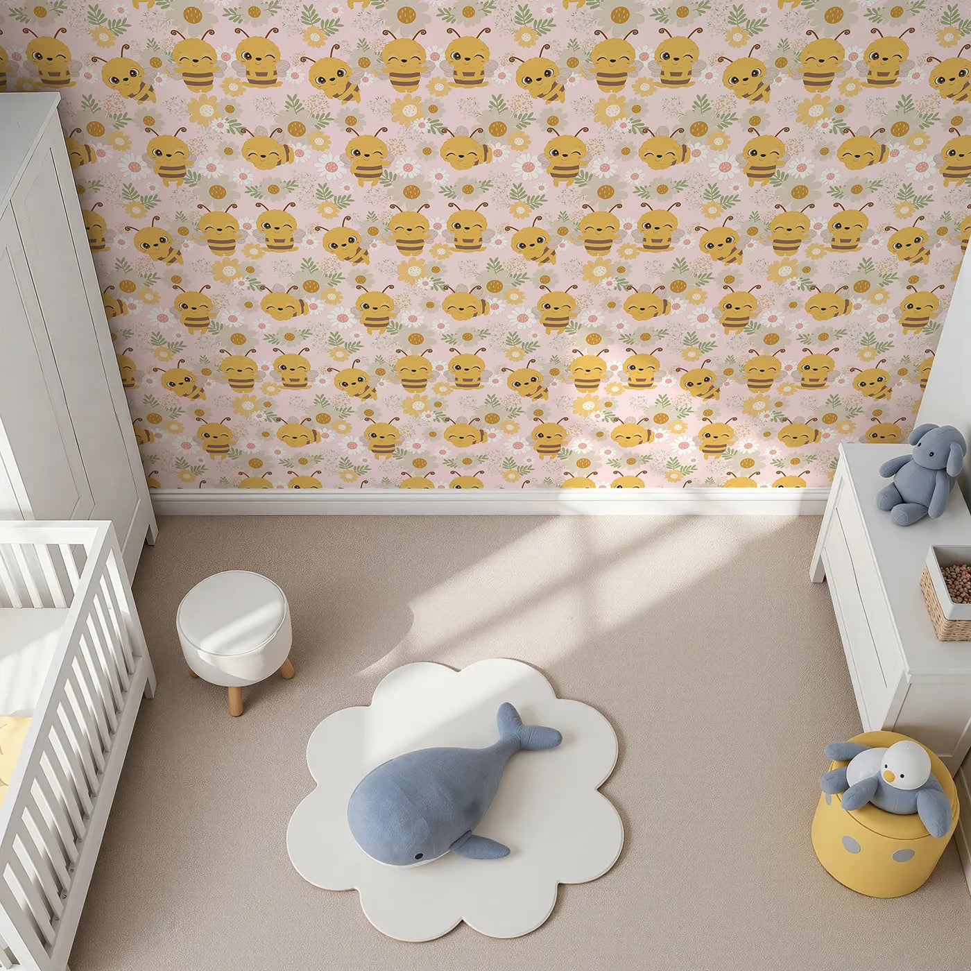 Top-Down view of Whimsy Tots' Bee Garden Blooms Wallpaper in Pink (W3006B).Playful bees flutter through blooming fields.