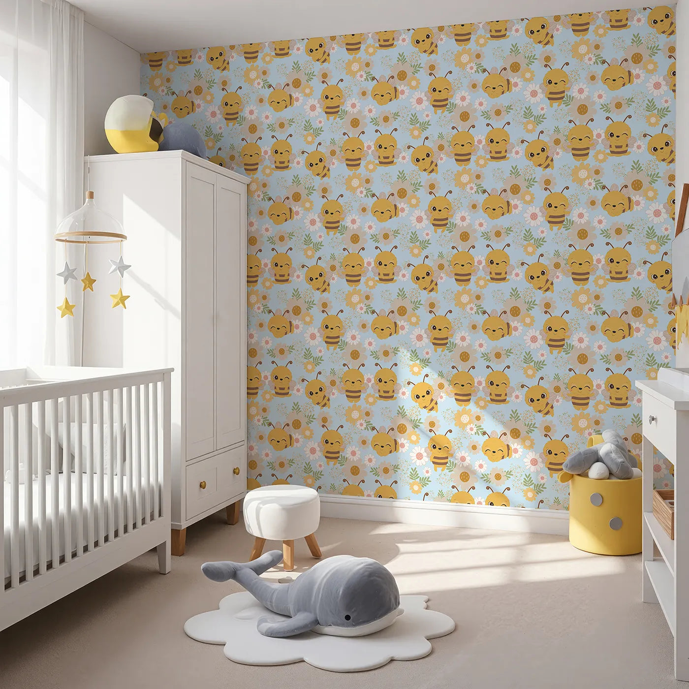 Angled view of Whimsy Tots' Bee Garden Blooms Wallpaper in Blue (W3006D).Playful bees flutter through blooming fields.