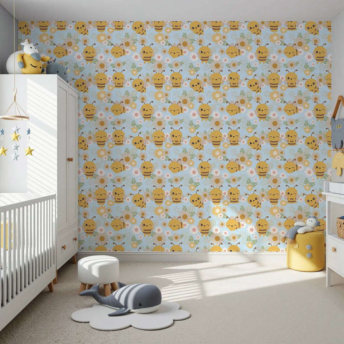 Front view of Whimsy Tots' Bee Garden Blooms Wallpaper in Blue