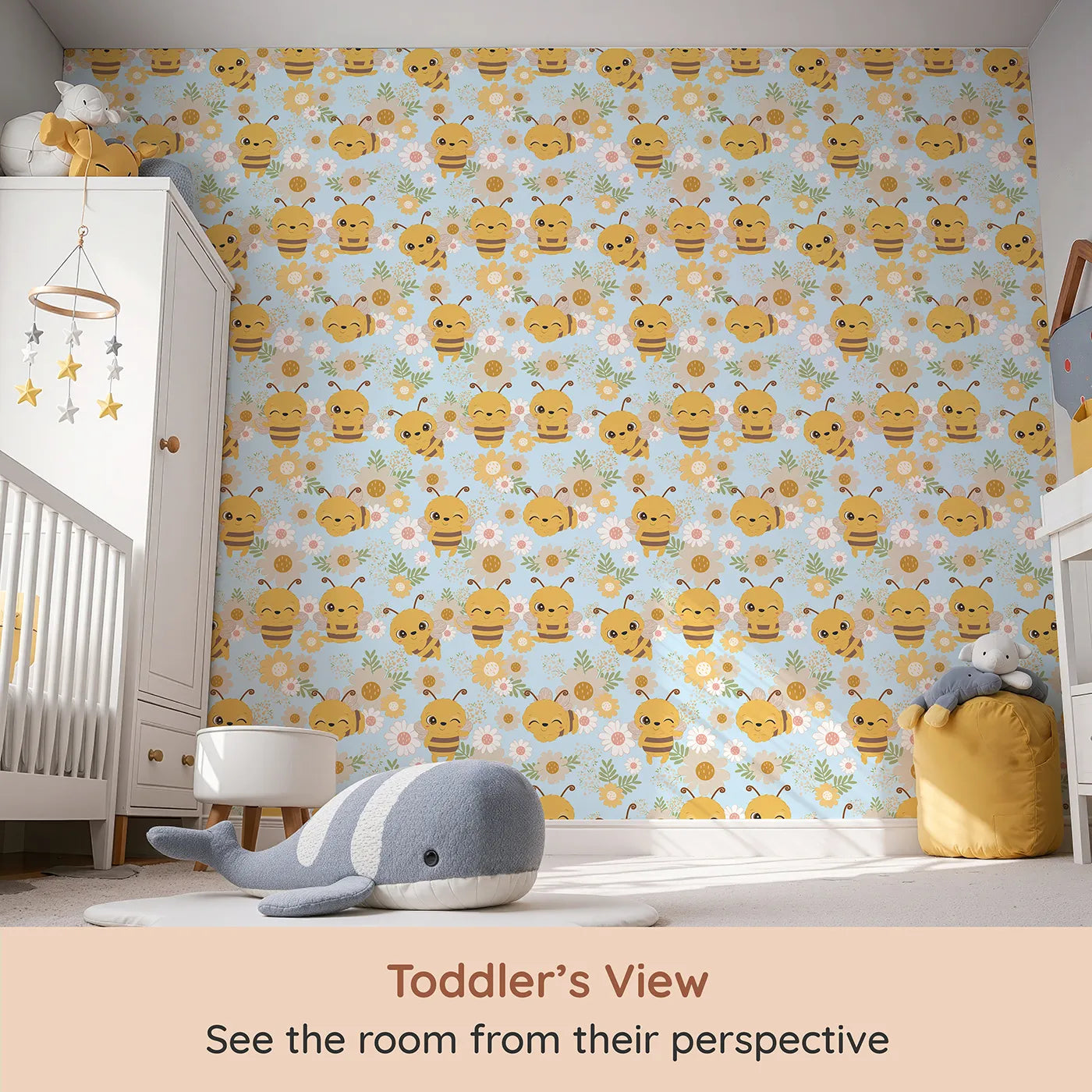 Whimsy Tots Bee Garden Blooms Wallpaper in Blue (W3006D) from your child's view.Playful bees flutter through blooming fields.