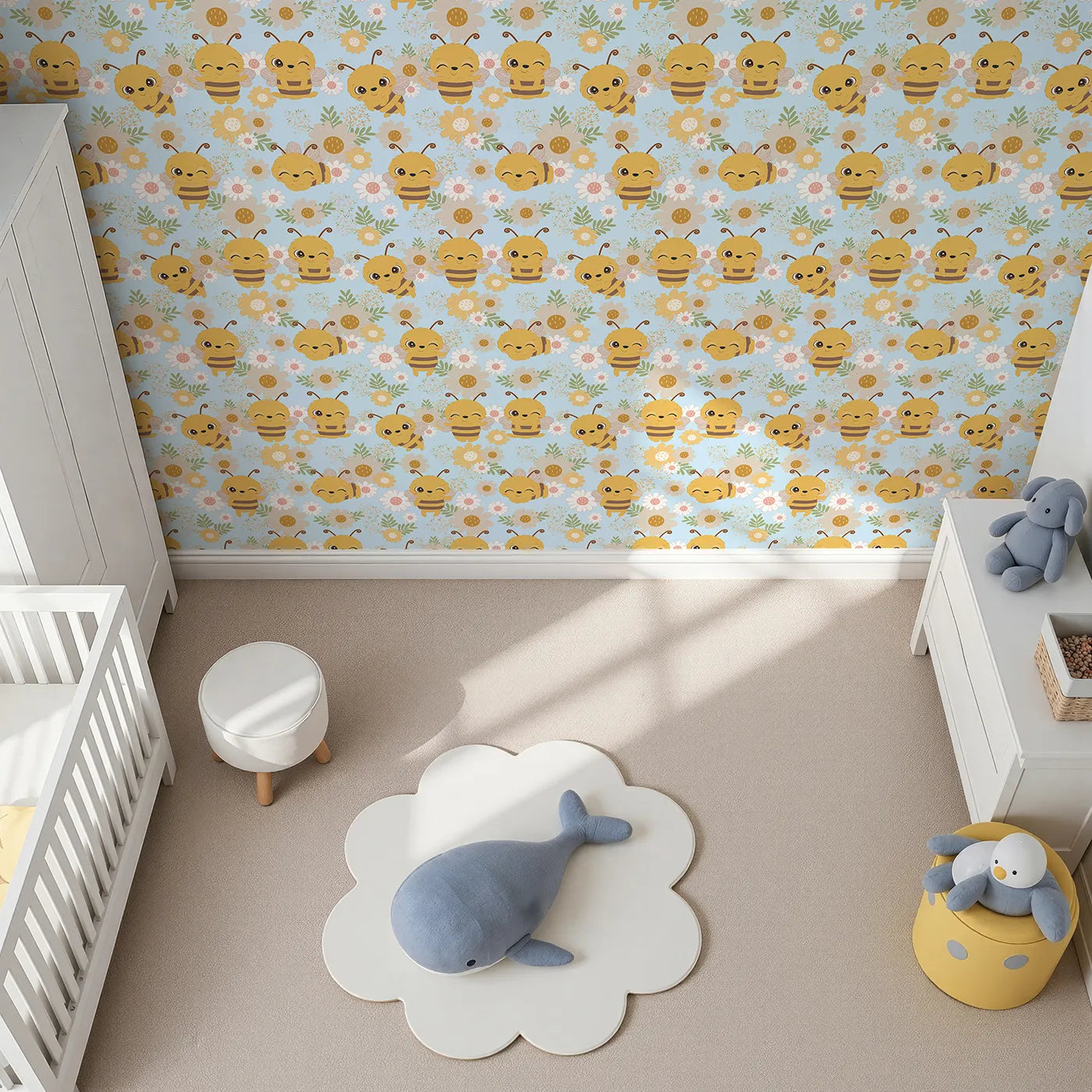 Top-Down view of Whimsy Tots' Bee Garden Blooms Wallpaper in Blue (W3006D).Playful bees flutter through blooming fields.
