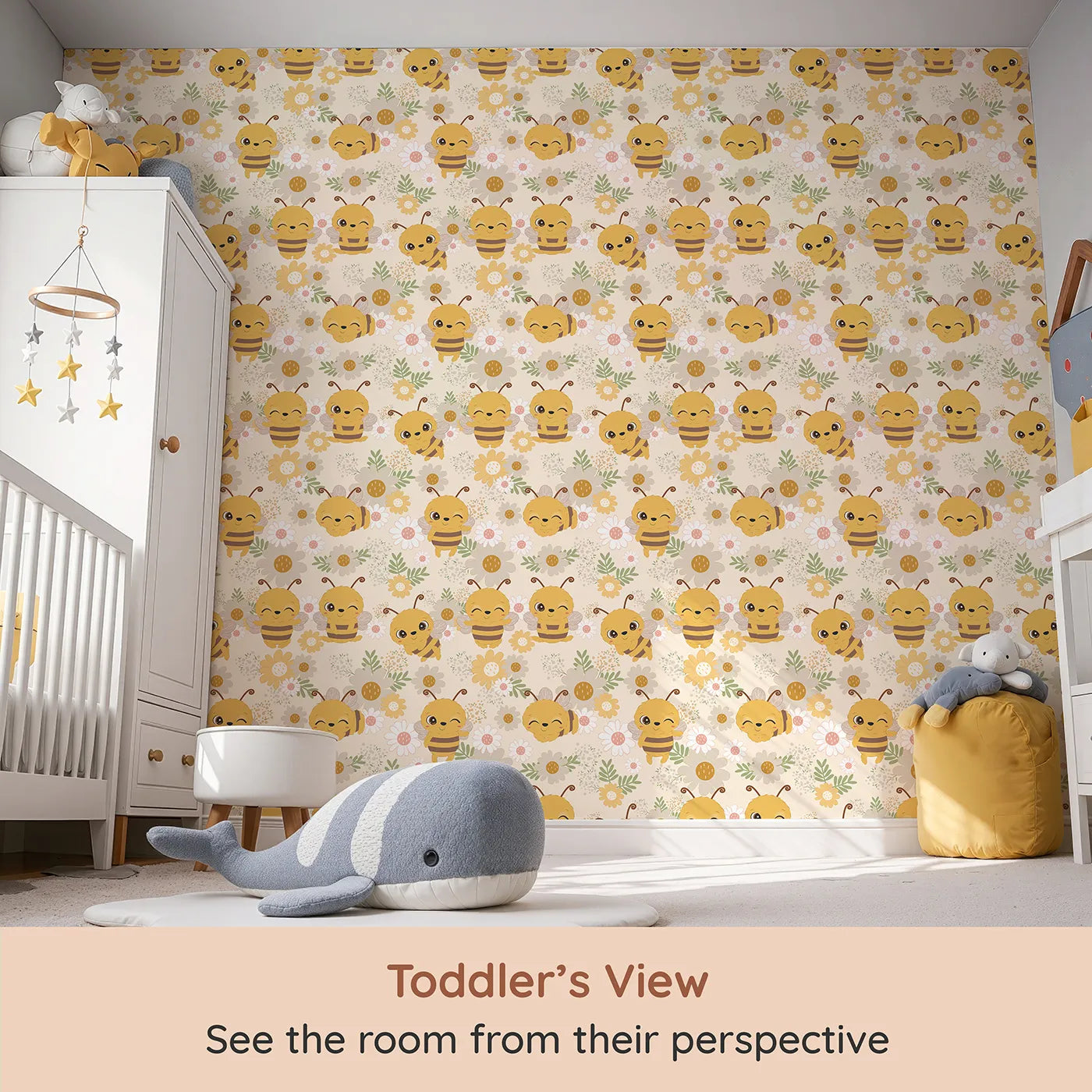 Whimsy Tots Bee Garden Blooms Wallpaper in Beige (W3006E) from your child's view.Playful bees flutter through blooming fields.