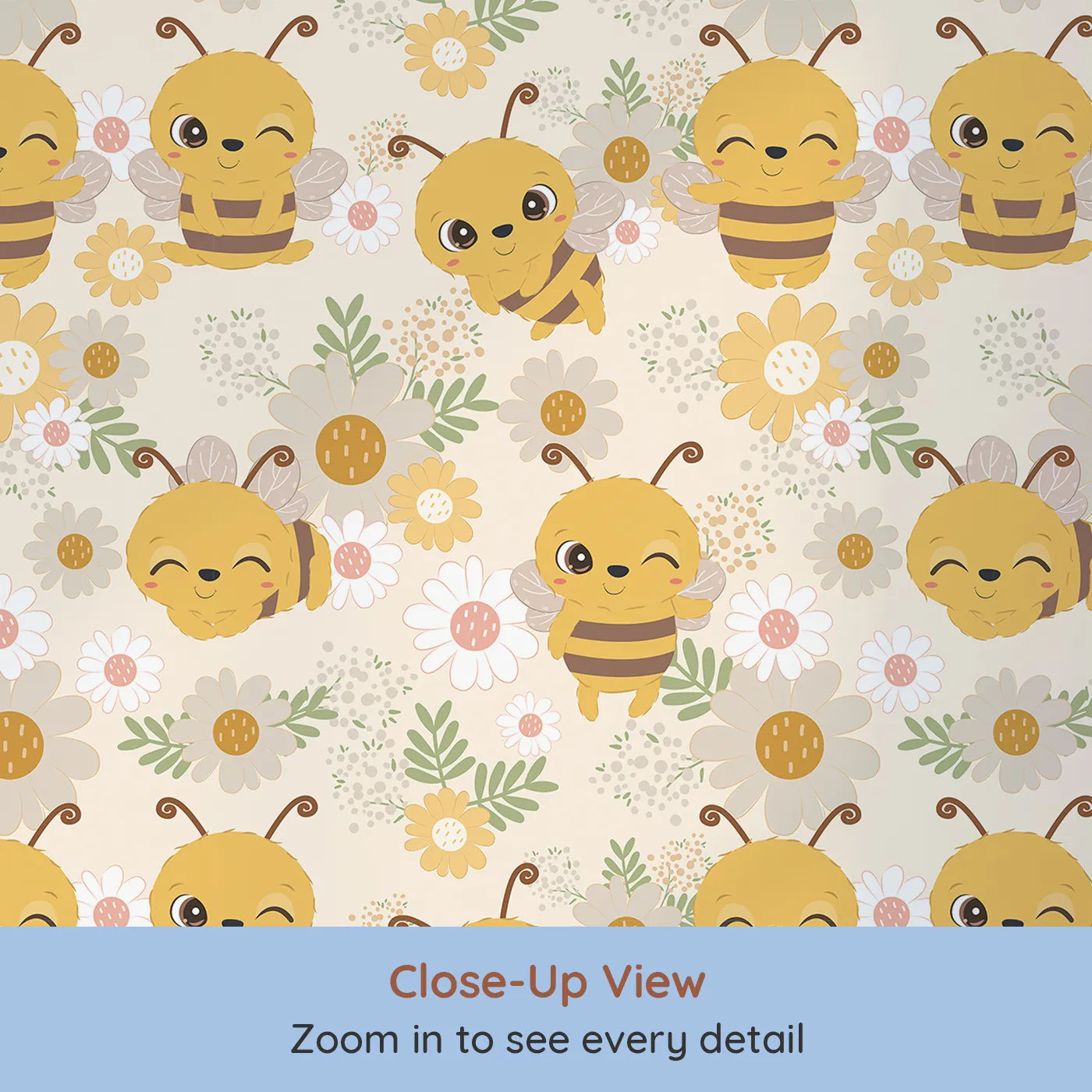 Close-up view of Whimsy Tots' Bee Garden Blooms Wallpaper in Beige (W3006E).Playful bees flutter through blooming fields.