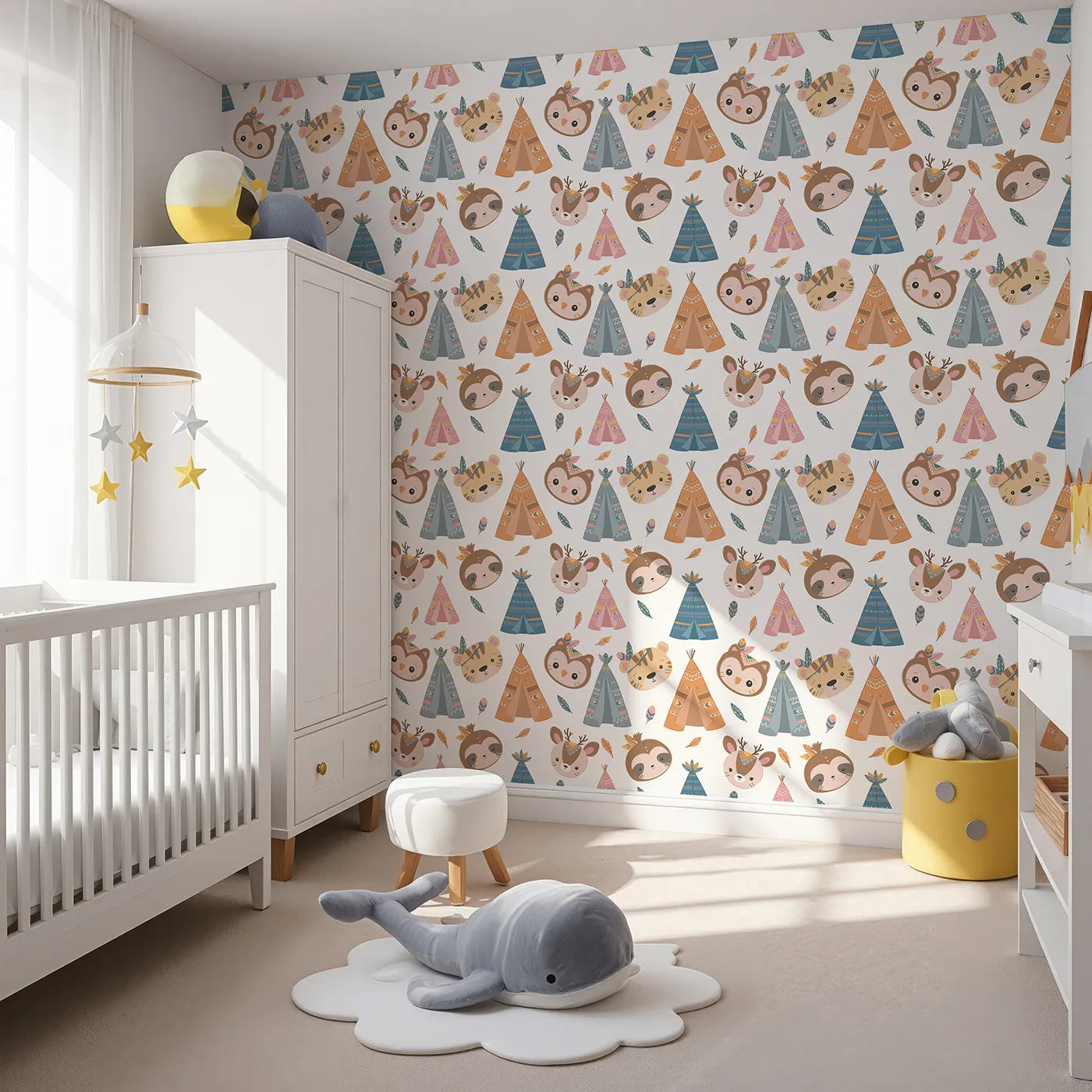 Angled view of Whimsy Tots' Tribal Pals Wallpaper in White (W3007A).Whimsical tents and forest friends spark daily adventures.