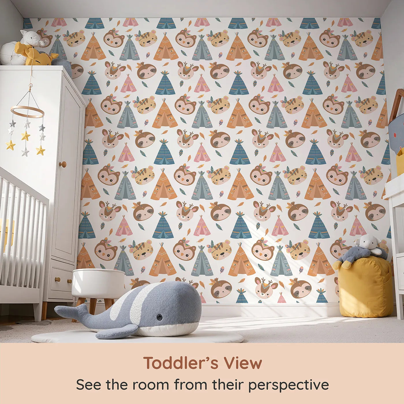 Whimsy Tots Tribal Pals Wallpaper in White (W3007A) from your child's view.Whimsical tents and forest friends spark daily adventures.