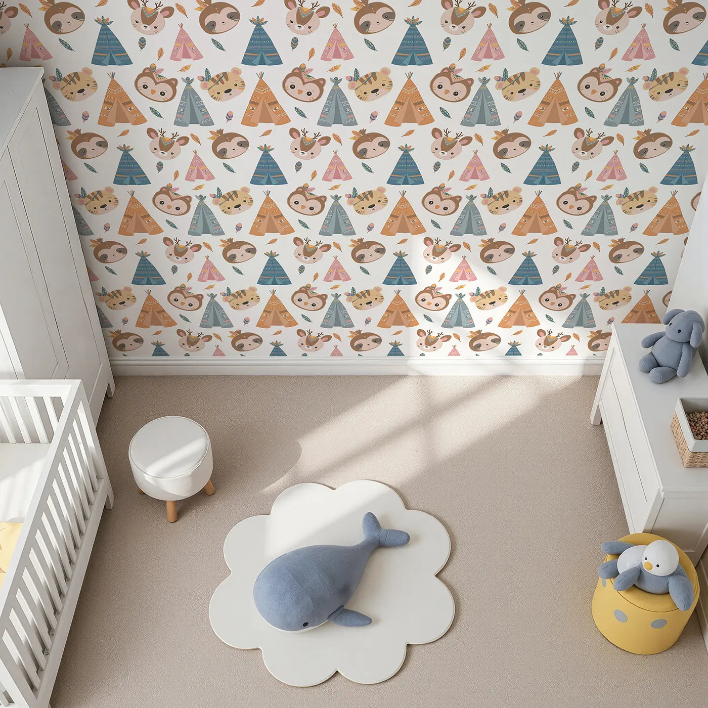 Top-Down view of Whimsy Tots' Tribal Pals Wallpaper in White (W3007A).Whimsical tents and forest friends spark daily adventures.