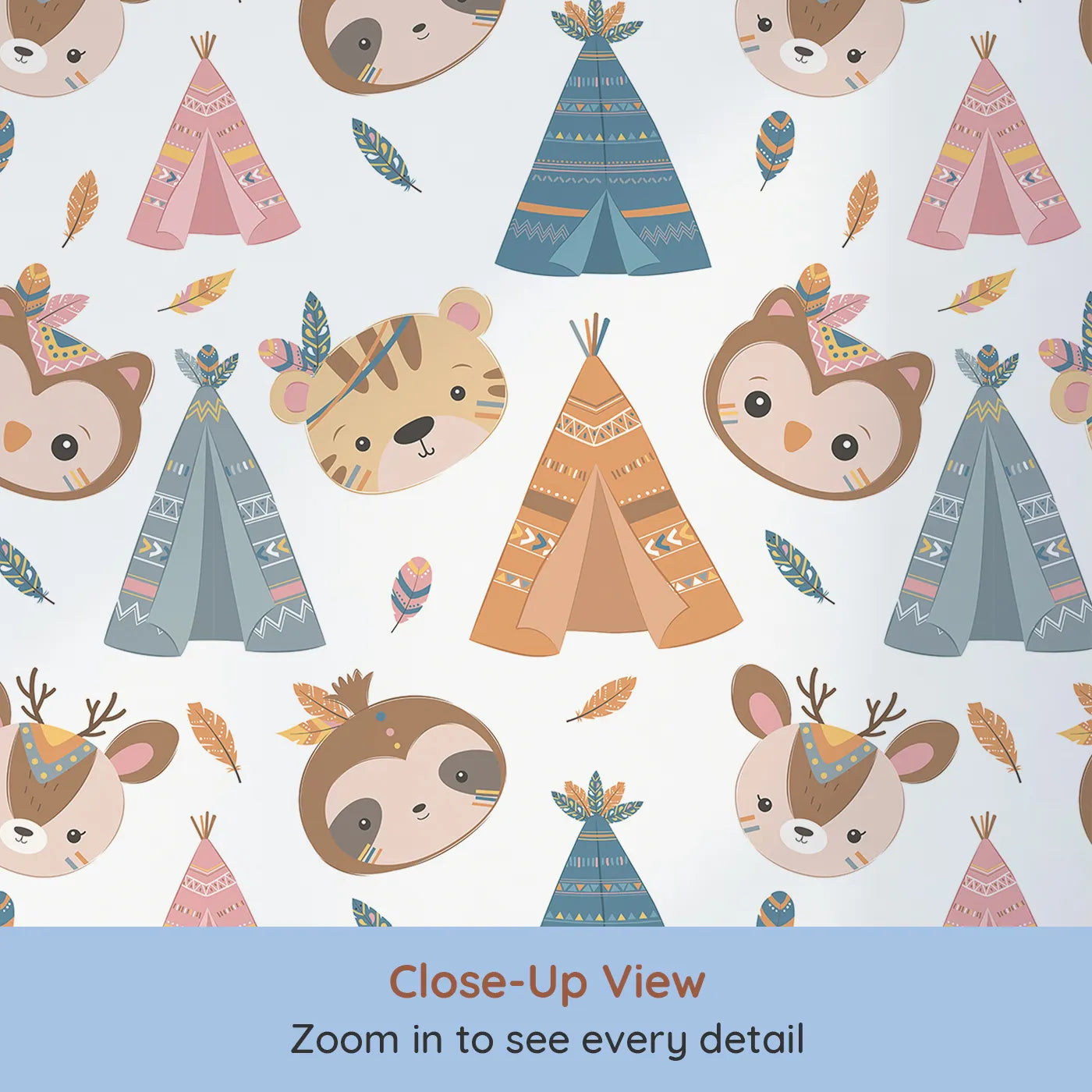Close-up view of Whimsy Tots' Tribal Pals Wallpaper in White (W3007A).Whimsical tents and forest friends spark daily adventures.