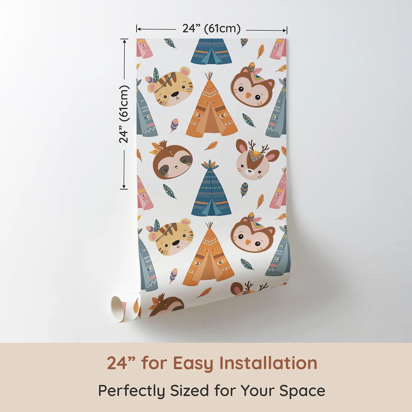 Dimension view of Whimsy Tots Tribal Pals Wallpaper in White (W3007A). Printed in 24-inch-wide panel for easy installation. Whimsical tents and forest friends spark daily adventures.