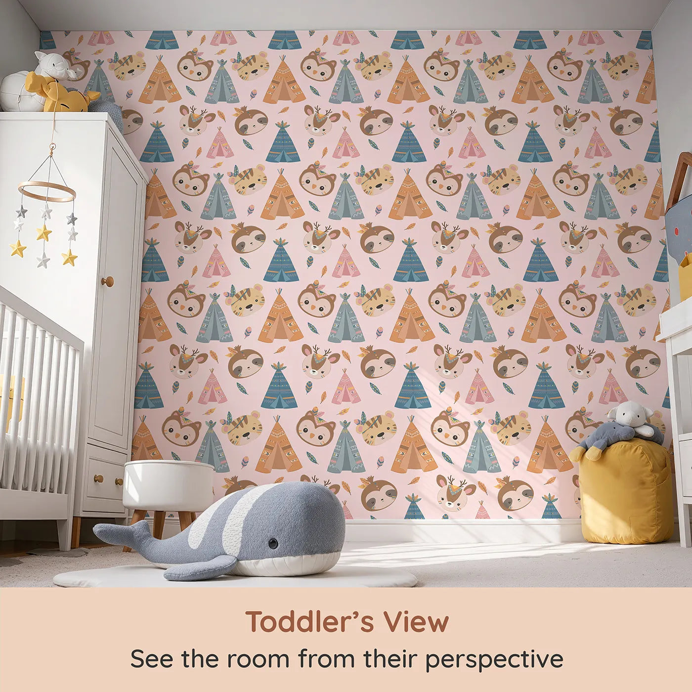 Whimsy Tots Tribal Pals Wallpaper in Pink (W3007B) from your child's view.Whimsical tents and forest friends spark daily adventures.